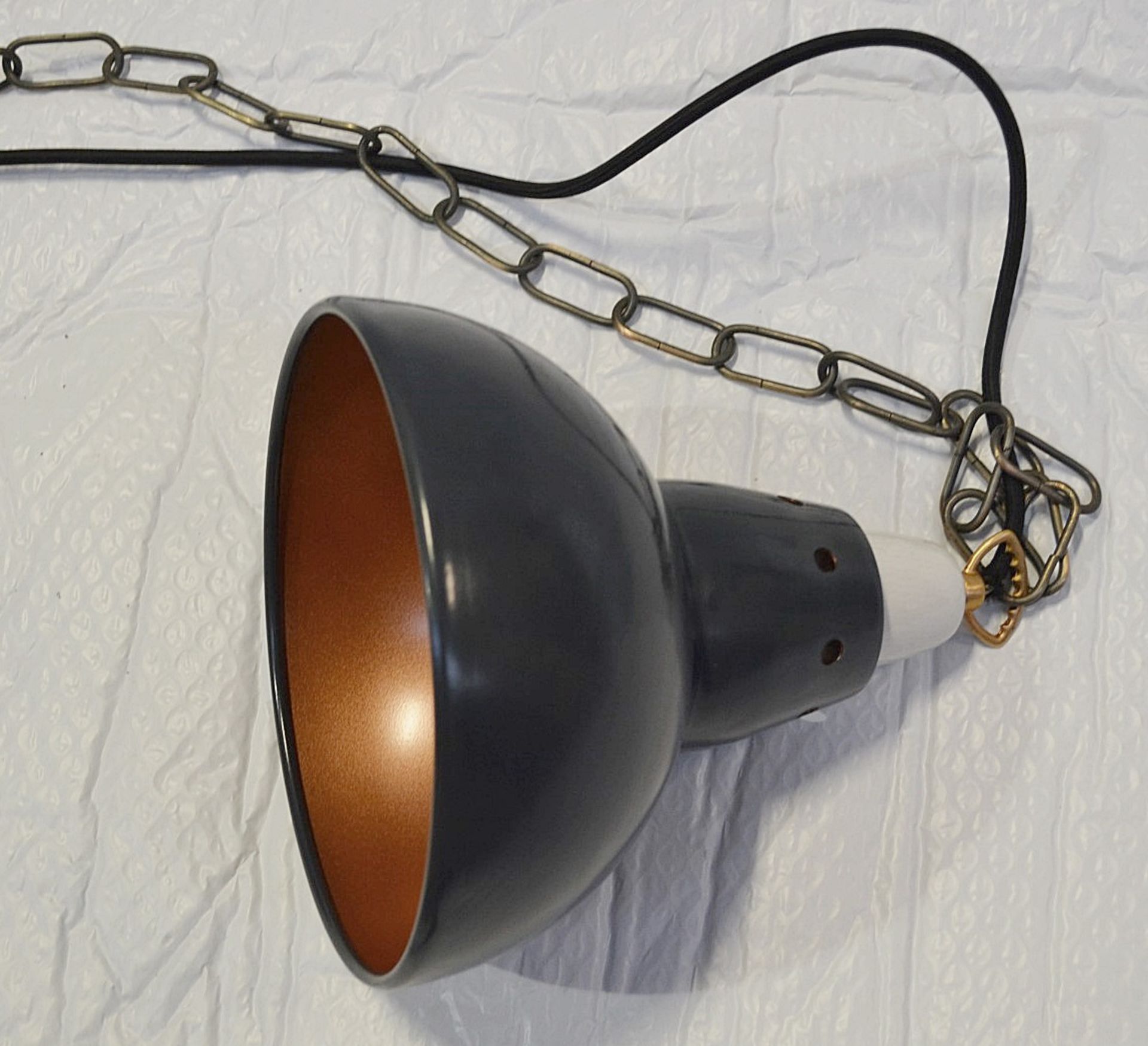 2 x Small Dome Pendant Ceiling Light Fittings With Chain And Black Fabric Flex - Dark Grey / Copper - Image 3 of 4