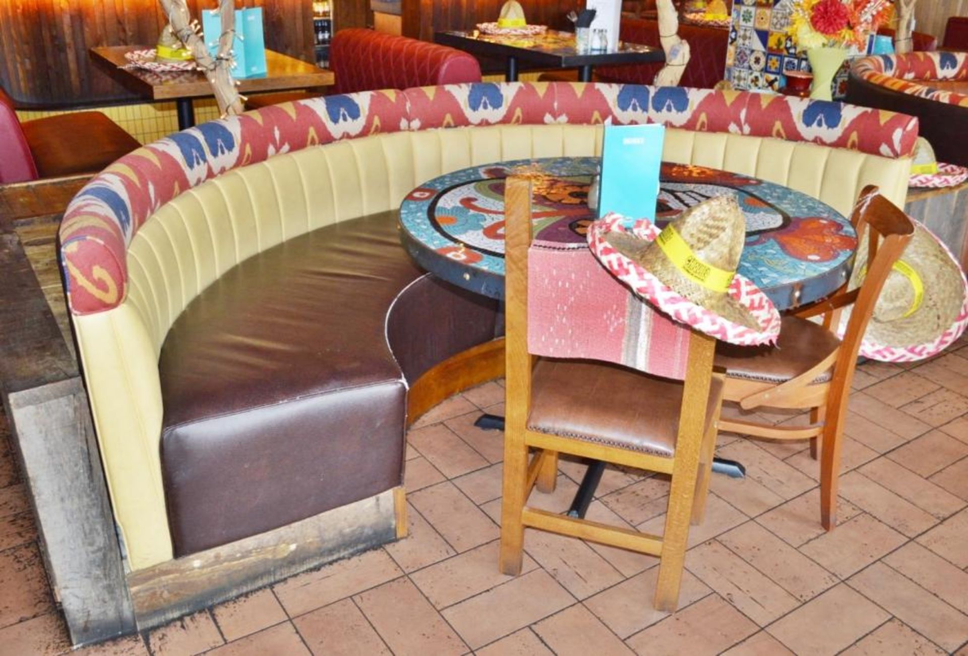 2 x Half Circle Seating Booths / Banquet Seating - Faux Leather Brown Seating With Yellow and Brown
