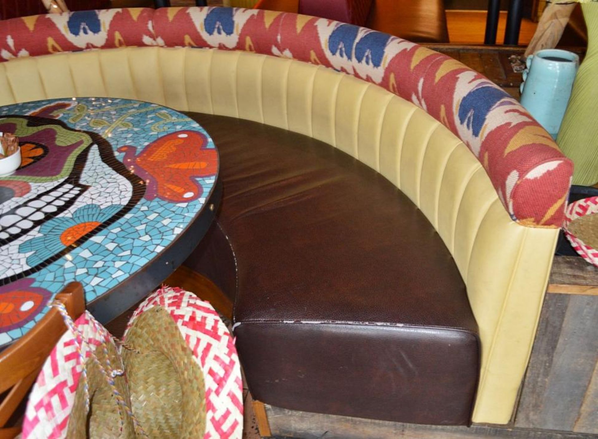 2 x Half Circle Seating Booths / Banquet Seating - Faux Leather Brown Seating With Yellow and Brown - Image 4 of 15