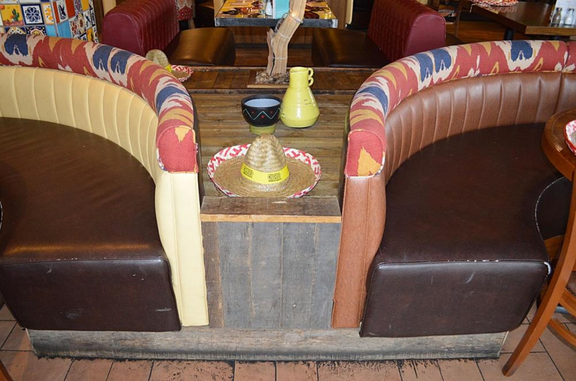 2 x Half Circle Seating Booths / Banquet Seating - Faux Leather Brown Seating With Yellow and Brown - Image 15 of 15