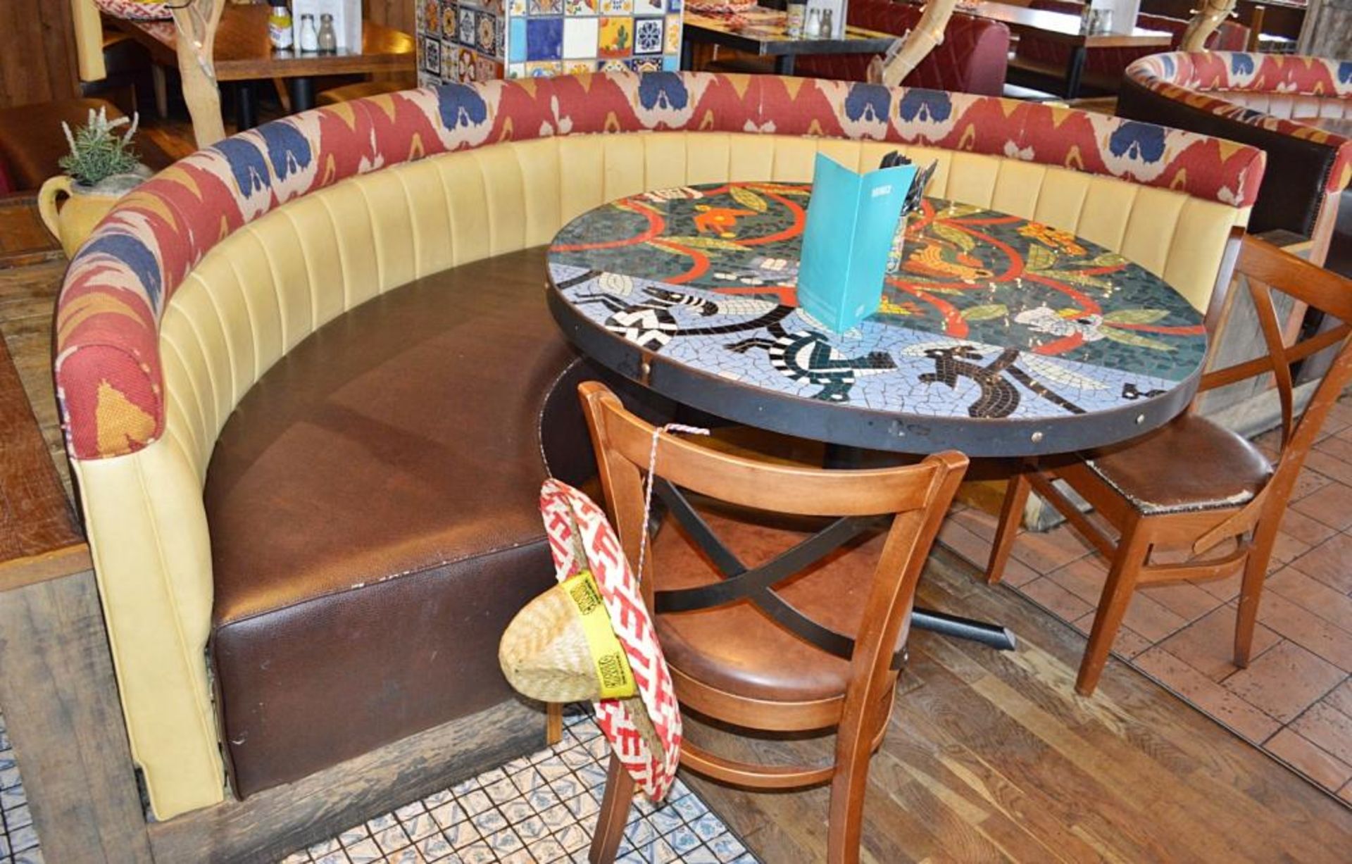 2 x Half Circle Seating Booths / Banquet Seating - Faux Leather Brown Seating With Yellow and Brown