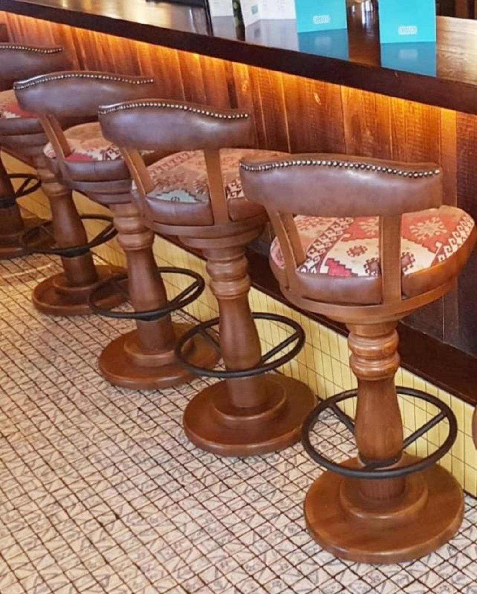 4 x Bar Stools With Wooden Column Pedestals, Full Circle Footrests, Cushioned Seats and Back Rests - - Image 2 of 4