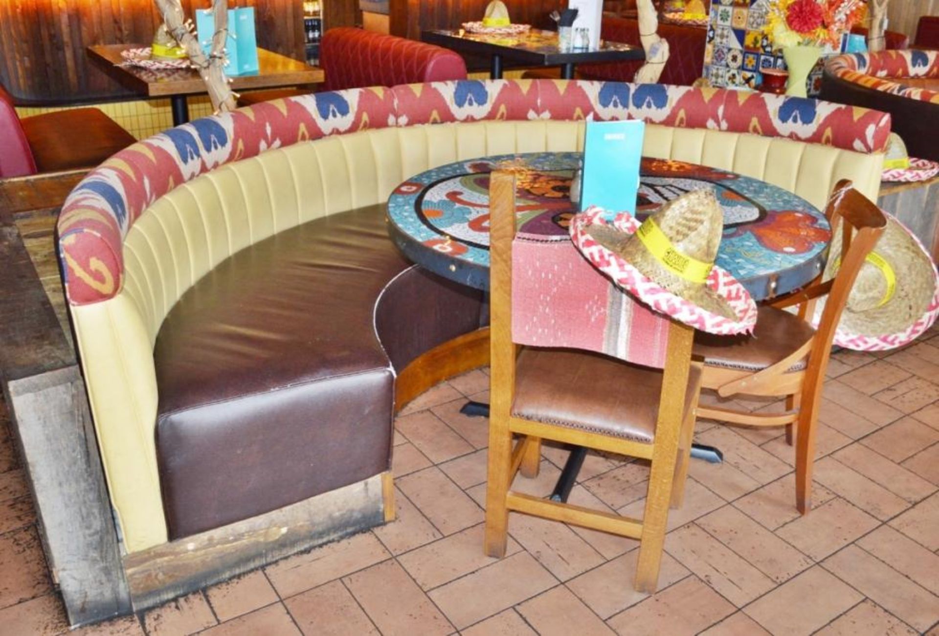 2 x Half Circle Seating Booths / Banquet Seating - Faux Leather Brown Seating With Yellow and Brown - Image 6 of 15