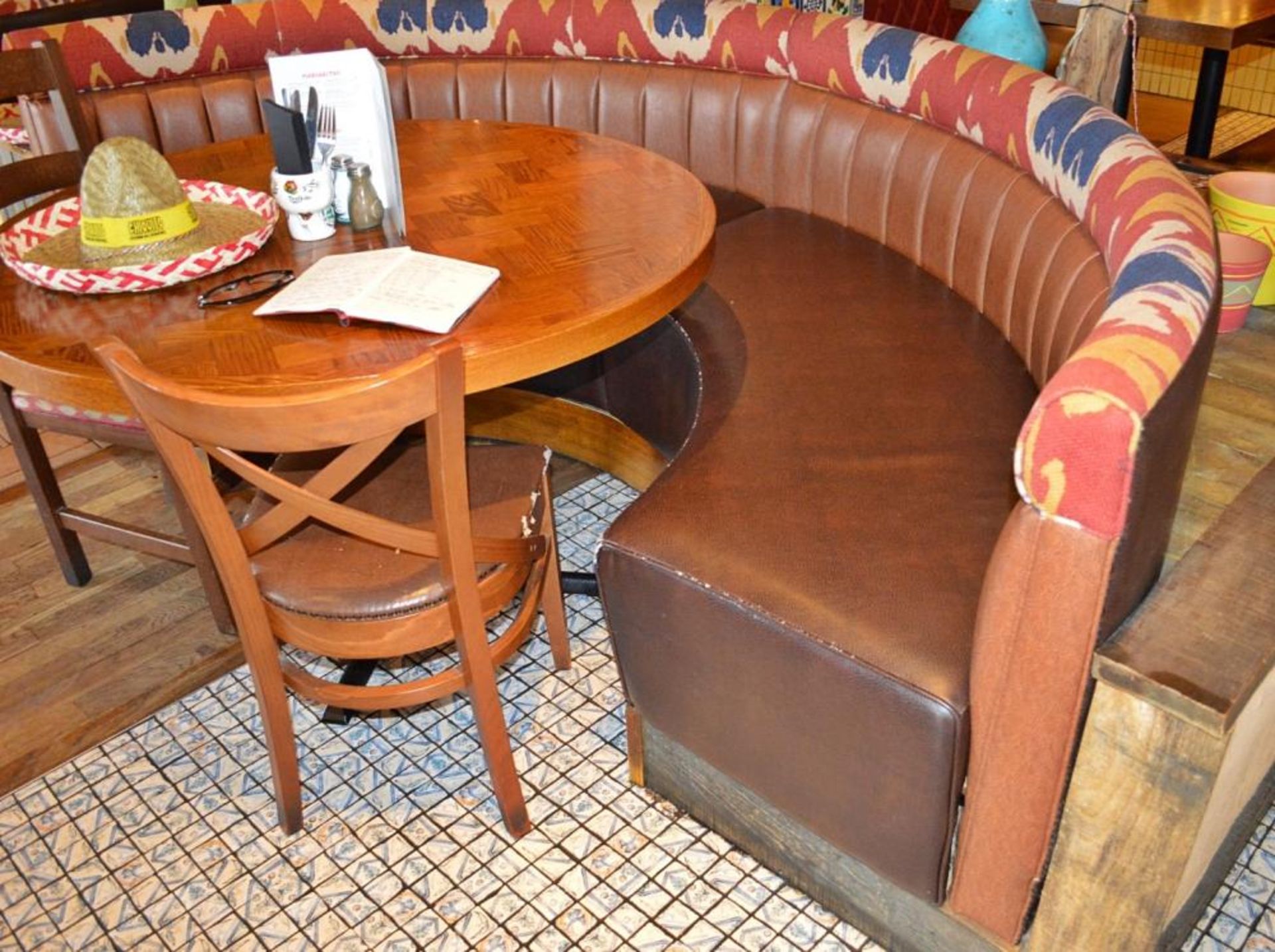 2 x Half Circle Seating Booths / Banquet Seating - Faux Leather Brown Seating With Yellow and Brown - Image 9 of 13