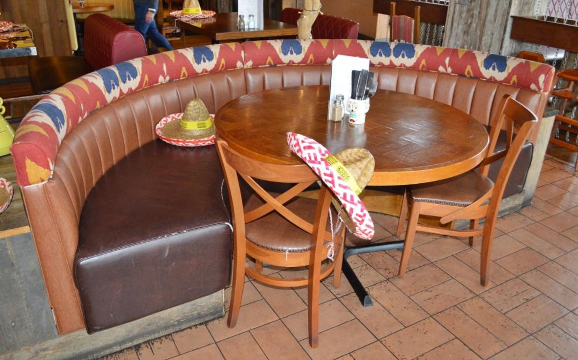 2 x Half Circle Seating Booths / Banquet Seating - Faux Leather Brown Seating With Yellow and Brown - Image 10 of 13