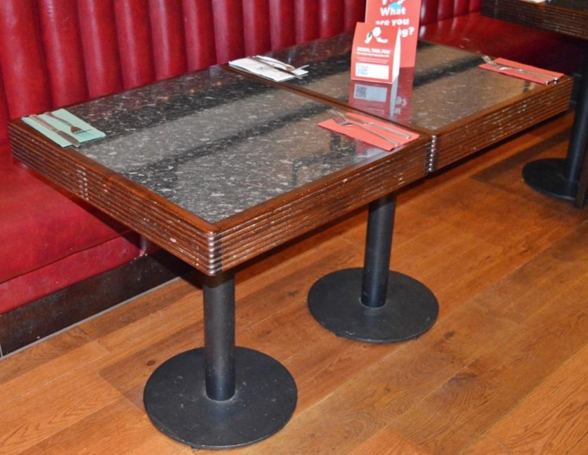 4 x Square Restaurant / Bistro Tables - Each Features A Wood Framed Top And Metal Base - 70x62xH80cm - Image 2 of 5