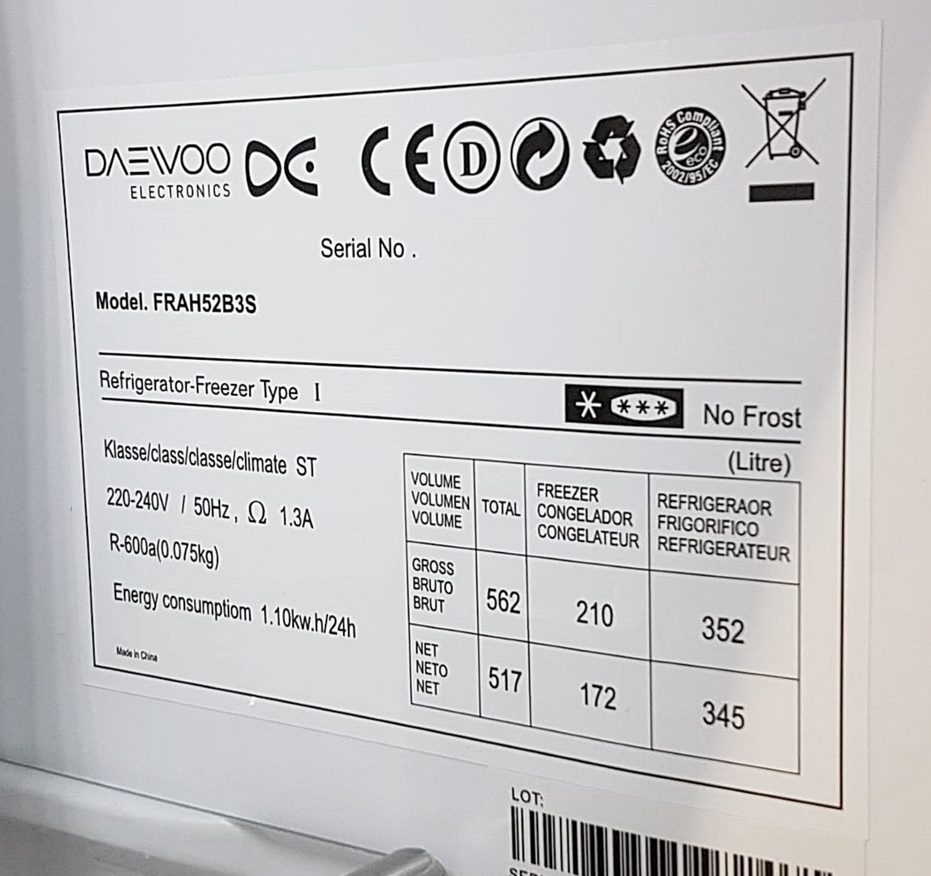 1 x Daewoo Frost Free Side-by-side American Fridge Freezer In Silver - Model: FRAH52B3S - NO VAT - Image 4 of 6