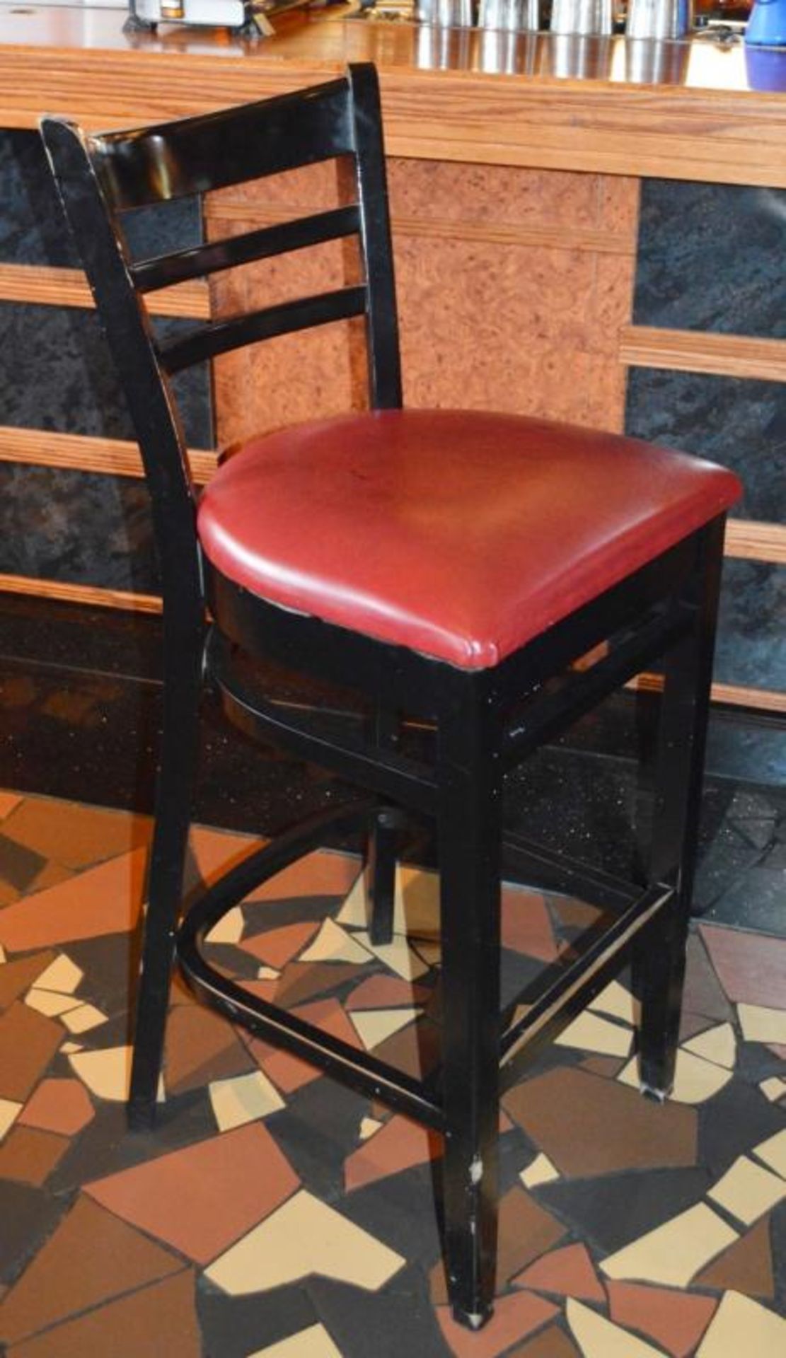 8 x Ladderback Bar Stools in Black and Cream and Red Faux Leather Seat Pads - CL357 - Location: Bolt - Image 3 of 9