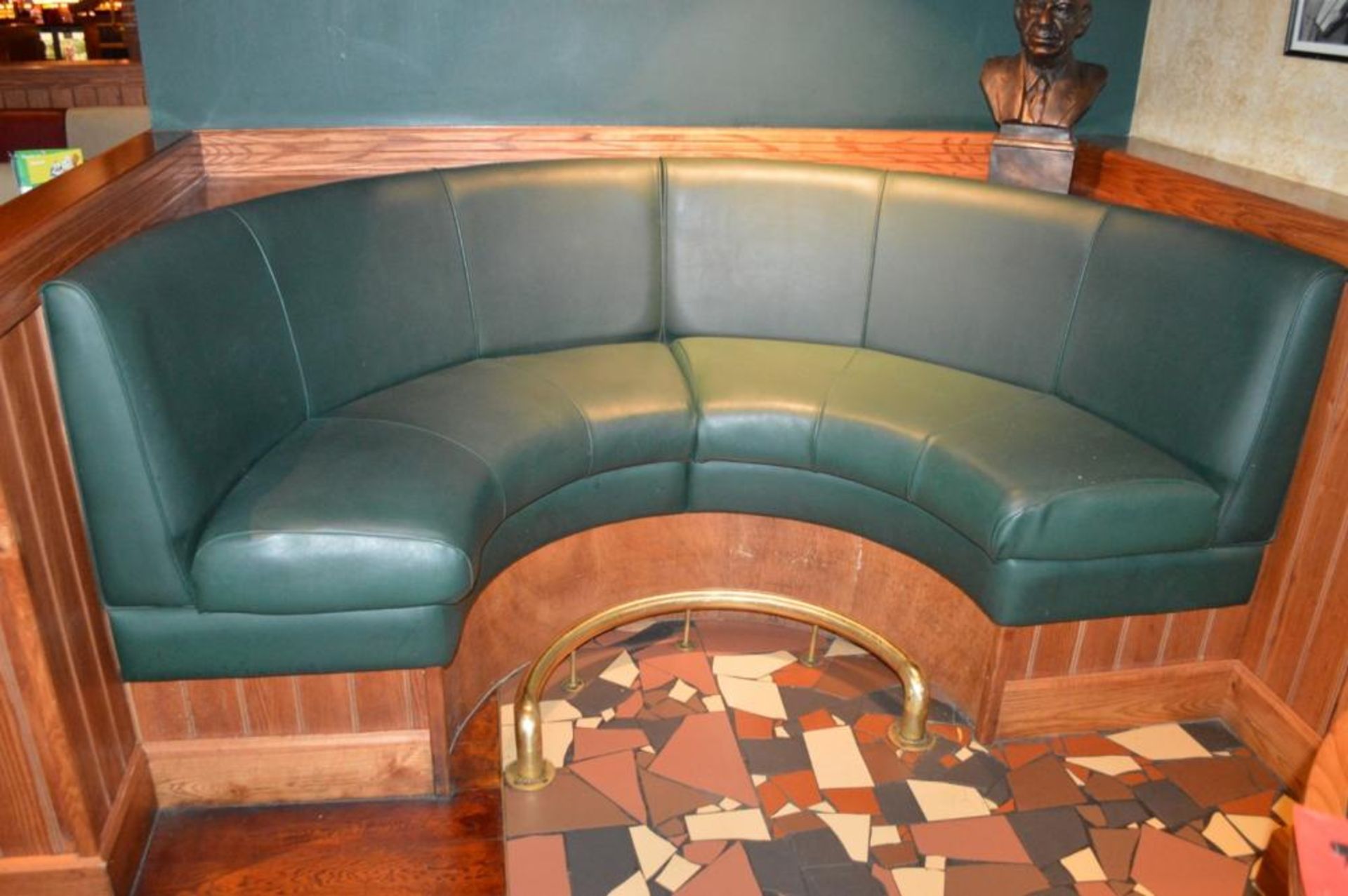 1 x Contemporary U Seating Booth With Green Faux Leather Upholstery and Brass Foot Rest - H105 x W22