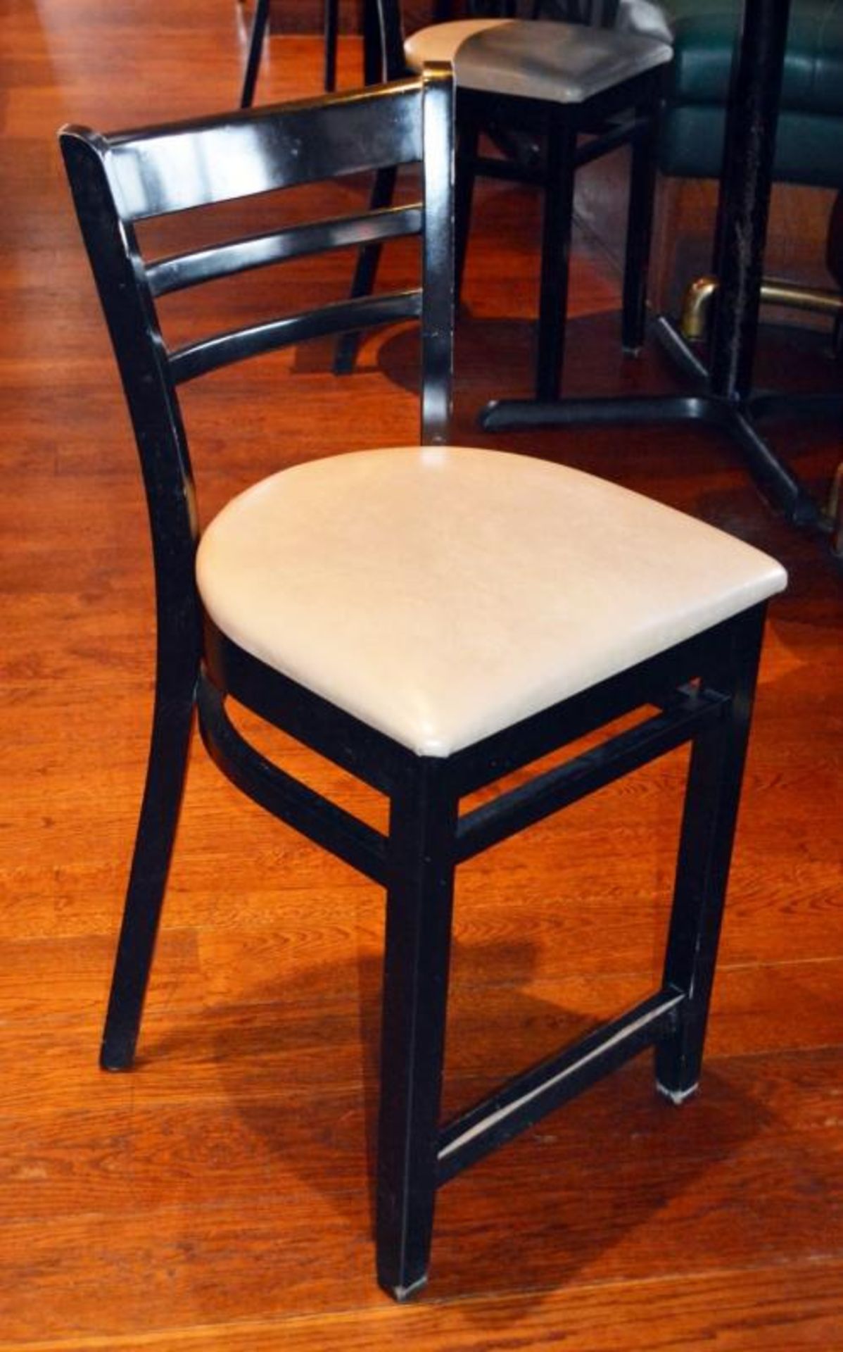 6 x Wooden Stools With Foot Rests, Black Finish and Cream Faux Leather Seat Pads - H98 x W45 x D45 c