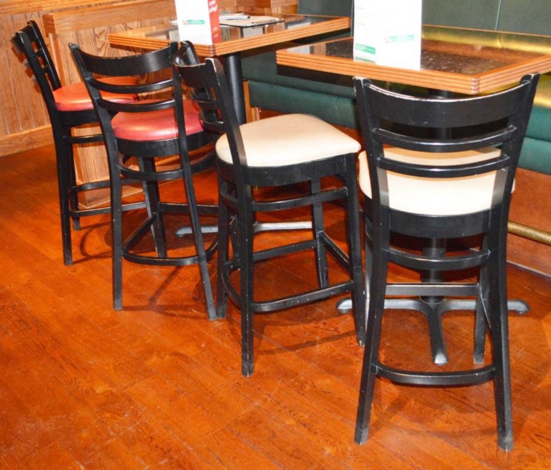8 x Ladderback Bar Stools in Black and Cream and Red Faux Leather Seat Pads - CL357 - Location: Bolt - Image 5 of 9
