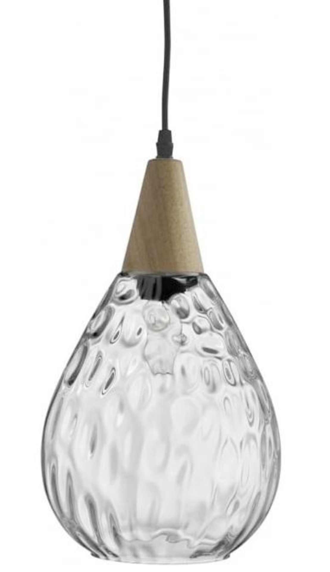 1 x Indiana Single Light Ceiling Pendant With Clear Glass Shade And Wood Finish - New Boxed Stock -