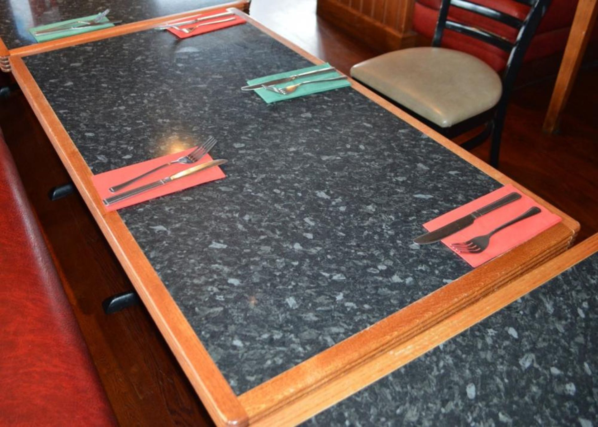 1 x Rectangular Restaurant Dining Tables With Granite Effect Surface, Wooden Edging and Cast Iron - Image 2 of 2