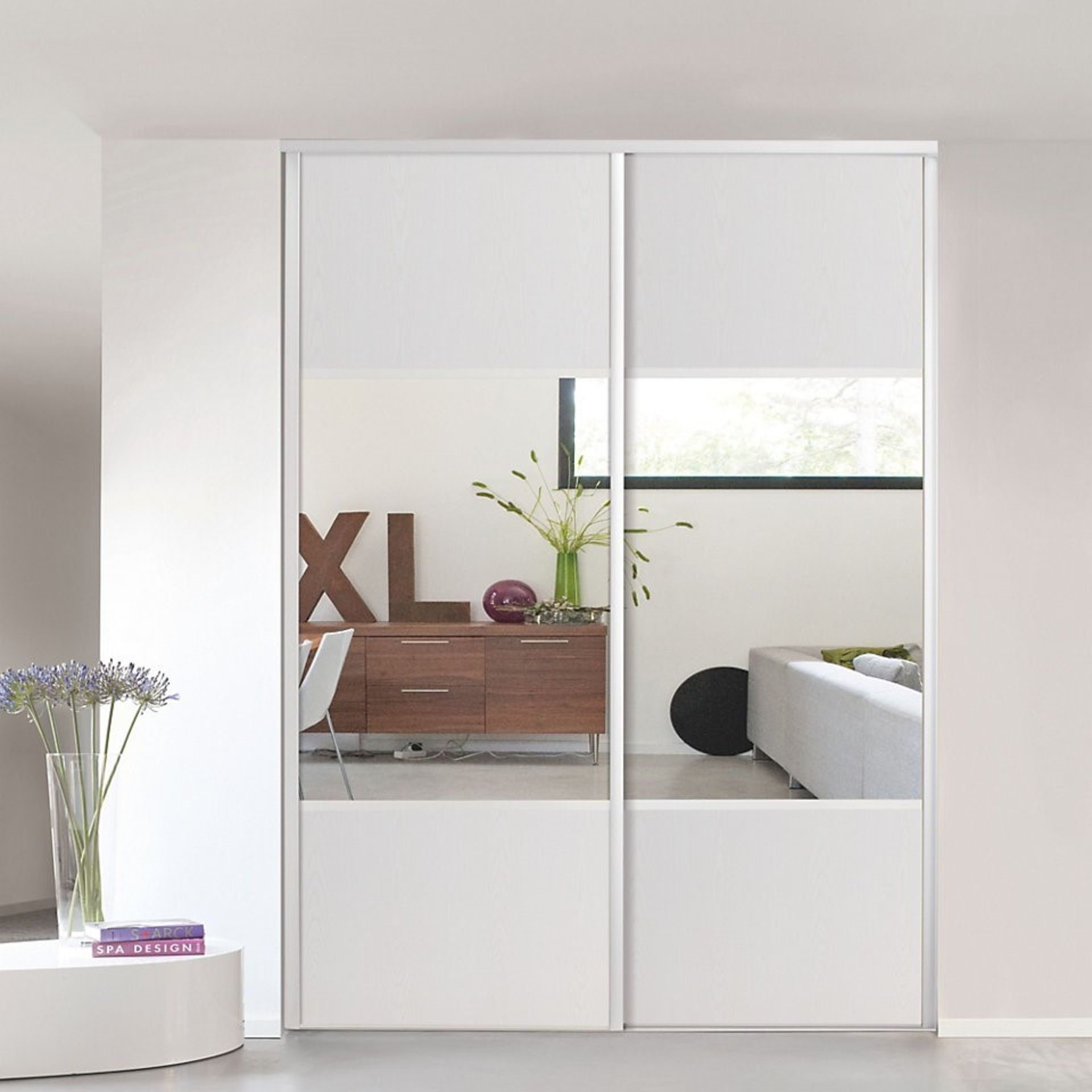 2 x VALLA 1 Sliding Wardrobe Door With A Silver Mirror With Profiles In White Lacquered Steel - CL37