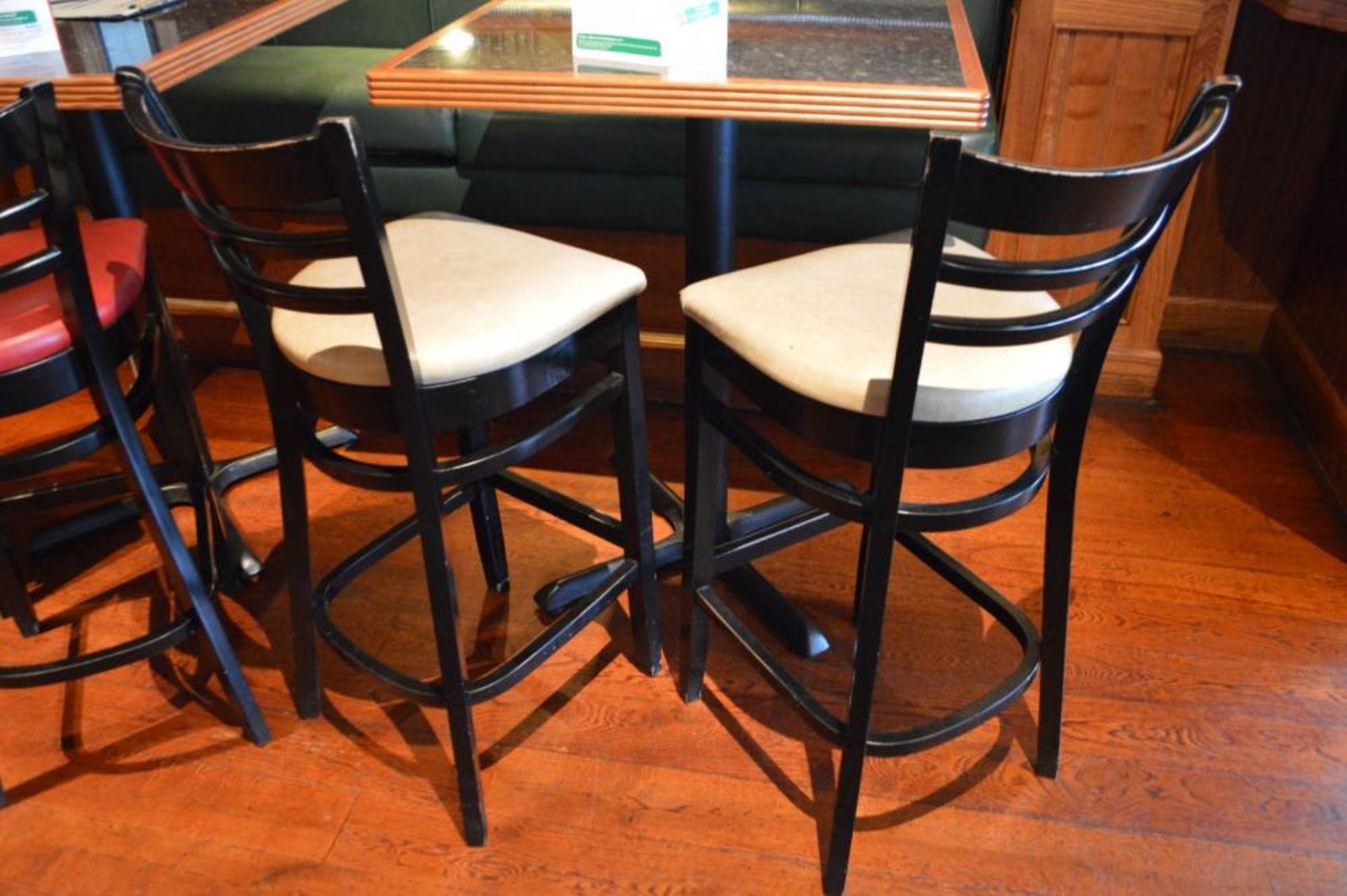 8 x Ladderback Bar Stools in Black and Cream and Red Faux Leather Seat Pads - CL357 - Location: Bolt - Image 2 of 9