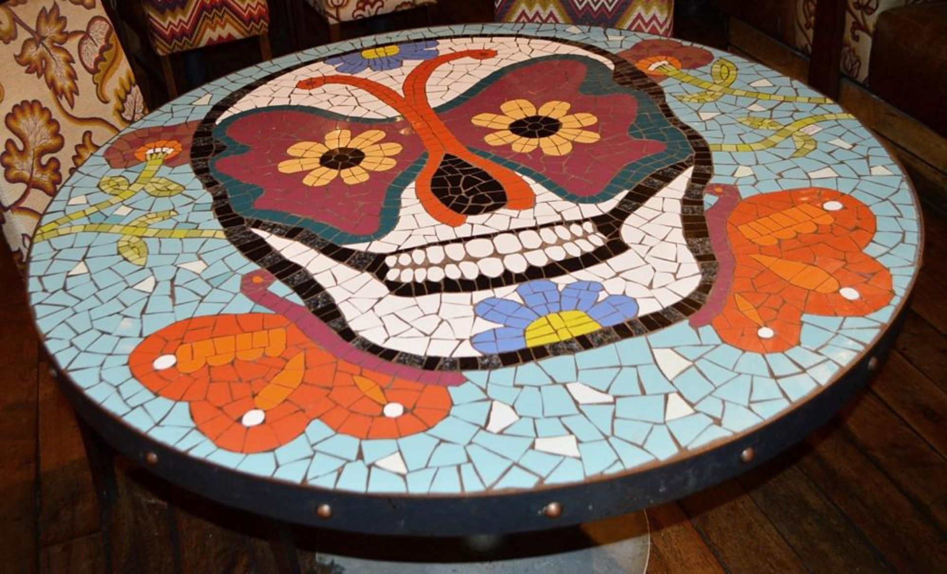 1 x Large Round Mosaic Skull Dining Table - Bespoke Table by Imperial Mosaics With Cast Iron Base -