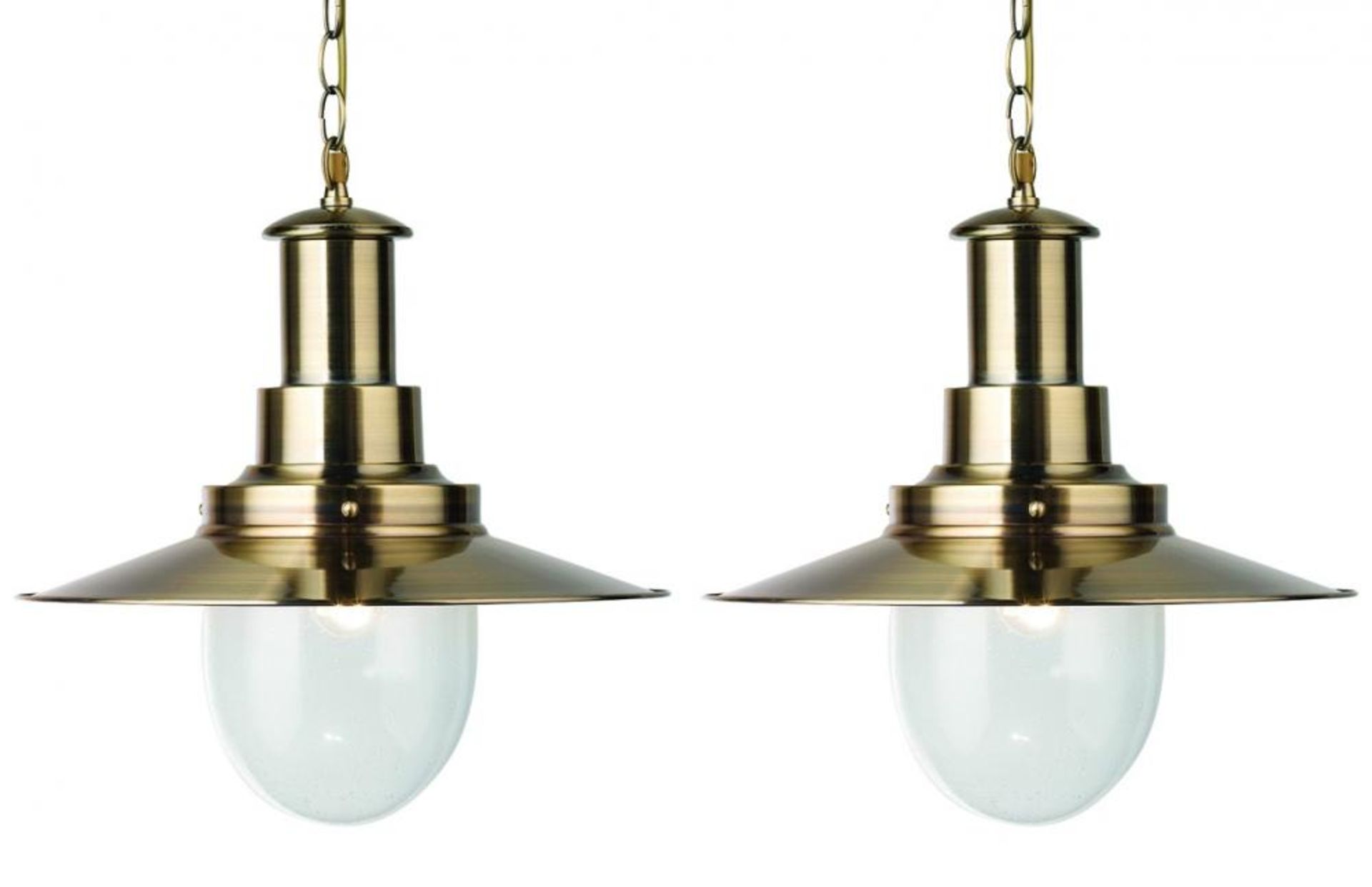 2 x Large Fisherman Antique Brass Pendant Lights With Oval Seeded Glass Shades - New Boxed Stock - C