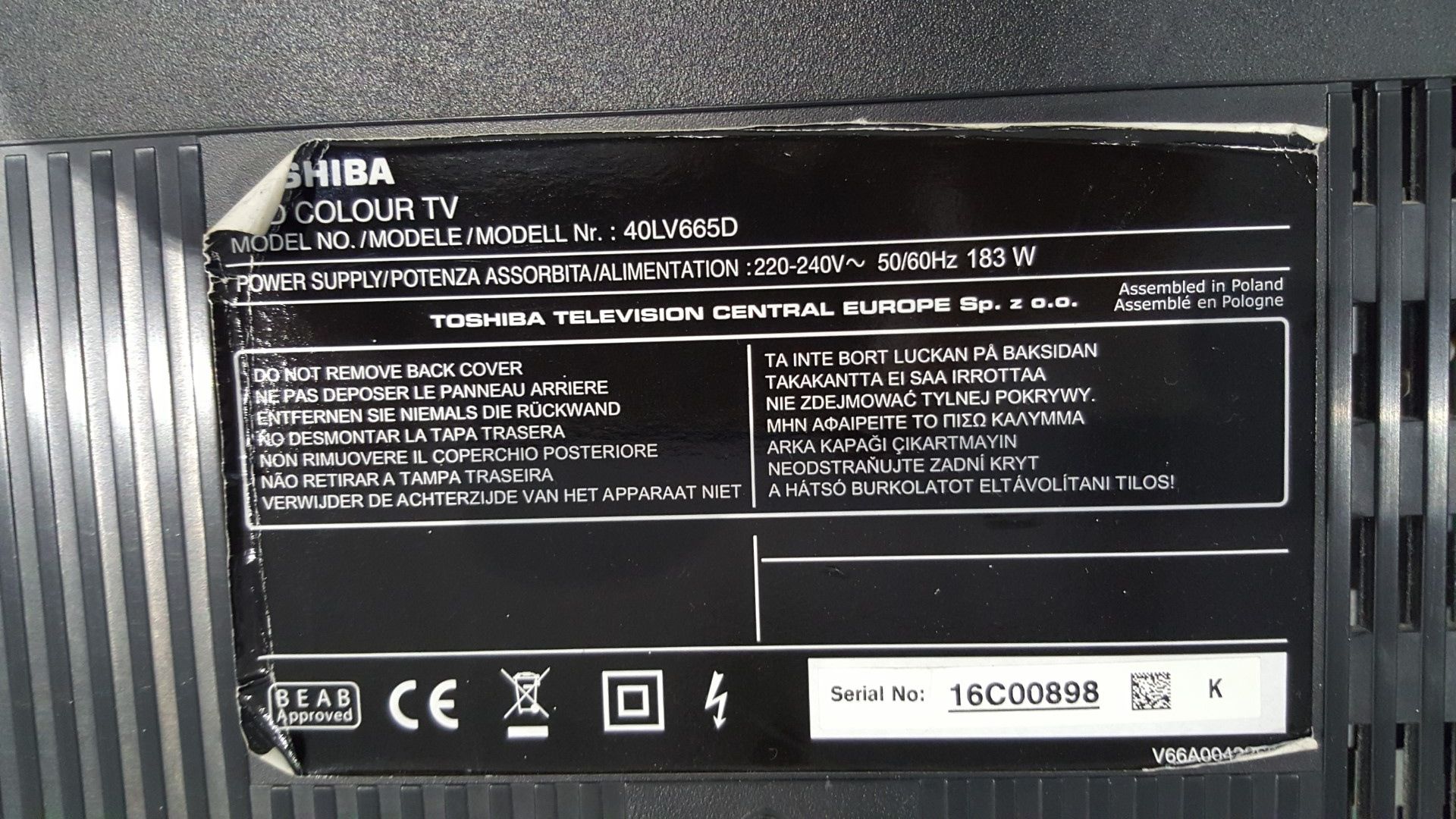 1 x Toshiba 40LV665D Digital Freeview 40" Full HD 1080p LCD TV - Ref CQ397 - Image 3 of 3