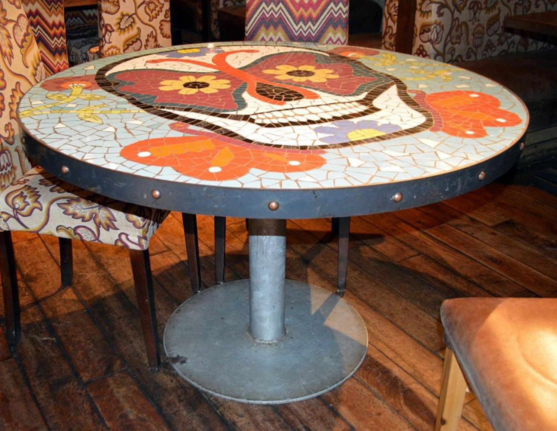 1 x Large Round Mosaic Skull Dining Table - Bespoke Table by Imperial Mosaics With Cast Iron Base - - Image 2 of 5