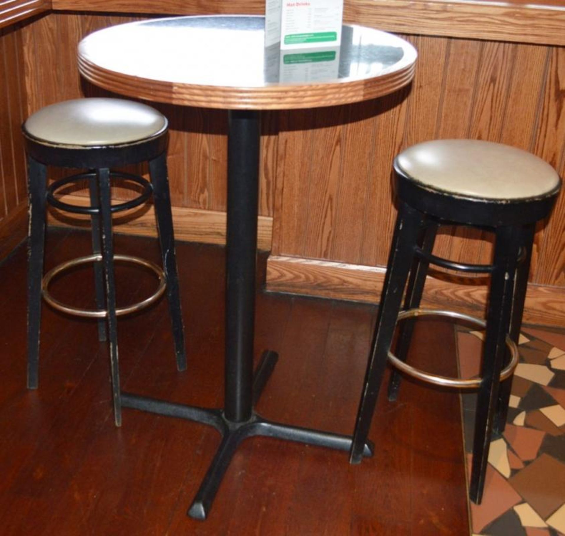 1 x Poser Bar Tables With Granite Effect Surface, Wooden Edging and Cast Iron Base - Includes Two Ba