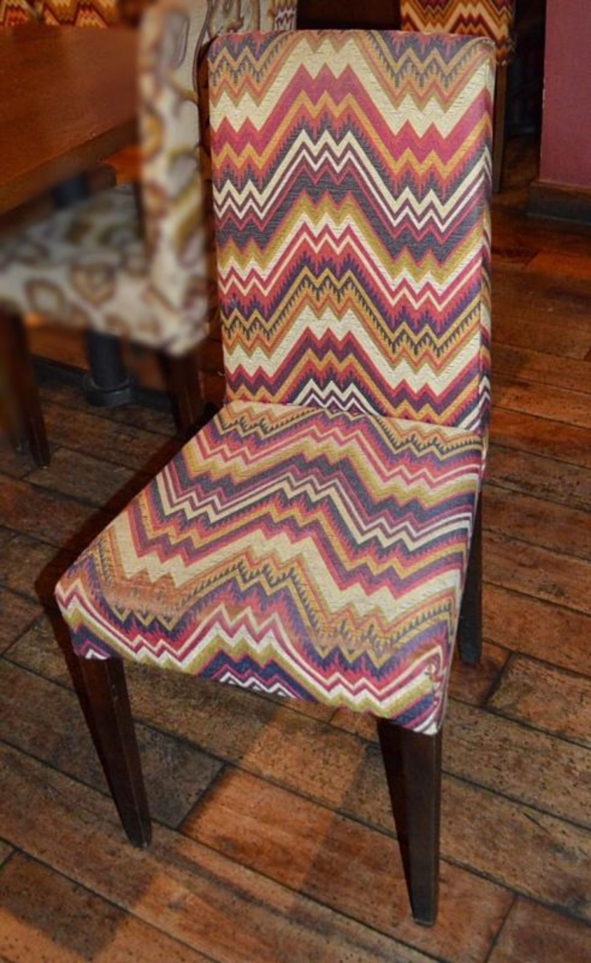 6 x Upholstered Restaurant Dining Chairs In A Zig-Zag Mexican-style Fabric - Dimensions (approx): H9