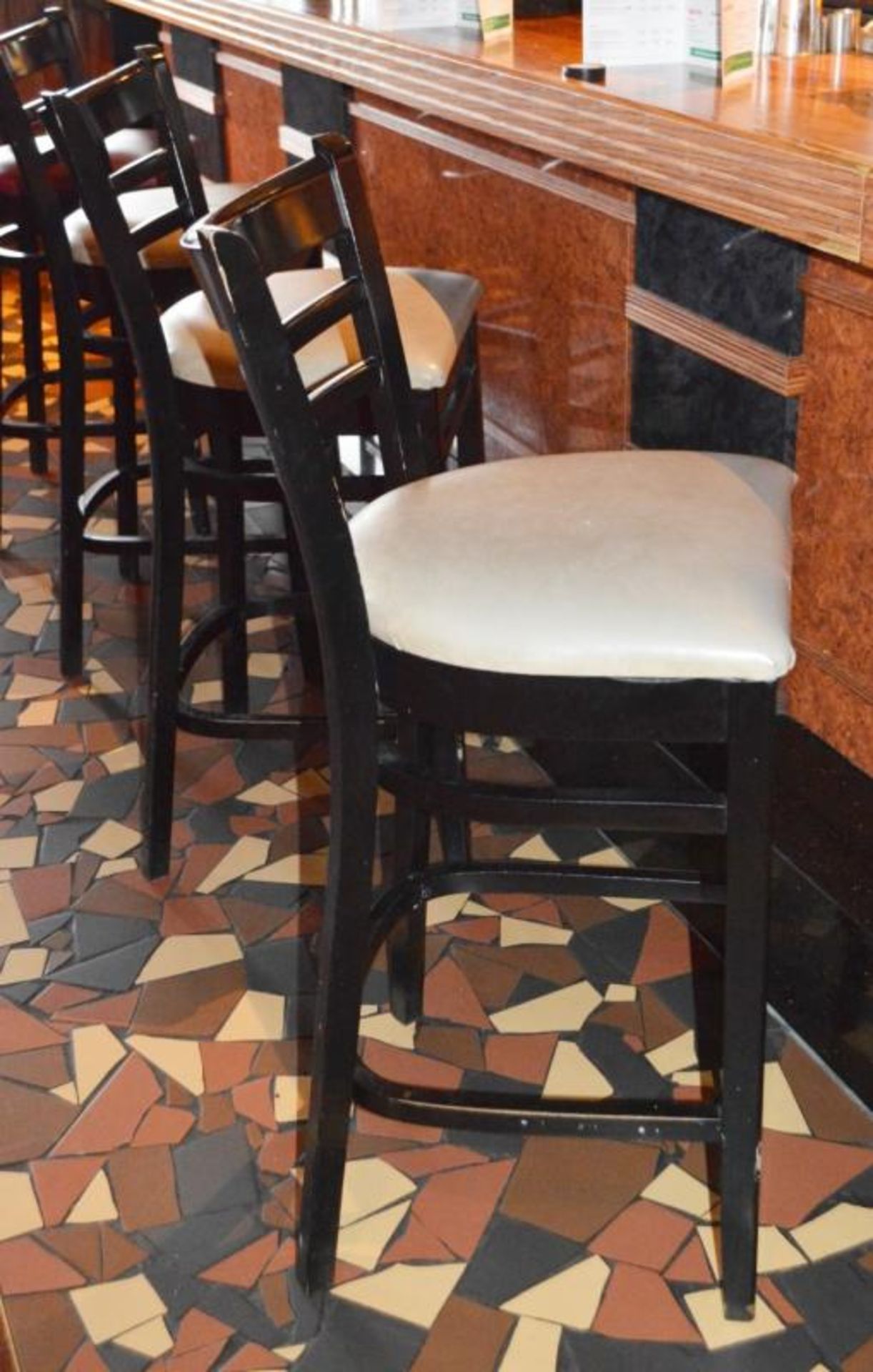 8 x Ladderback Bar Stools in Black and Cream and Red Faux Leather Seat Pads - CL357 - Location: Bolt - Image 7 of 9