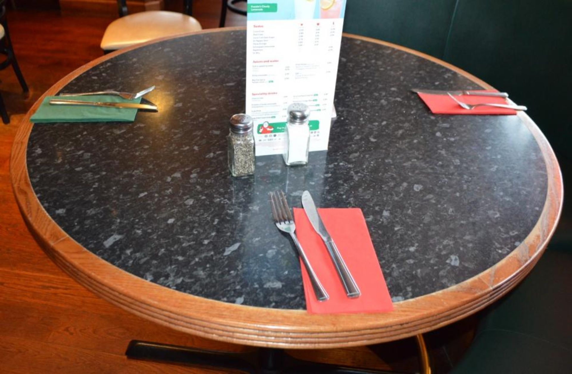 1 x Round Restaurant Dining Table With Granite Effect Surface, Wooden Edging and Cast Iron Bases - H - Image 2 of 2