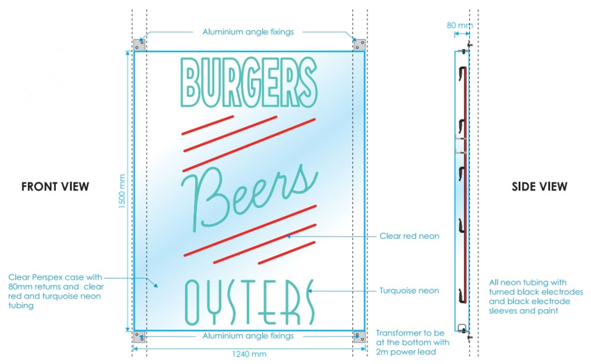 1 x 'BURGERS, BEERS, OYSTERS' Neon Sign - 1.5 Metre Tall - Recently Removed From A Restaurant - M529 - Image 8 of 11