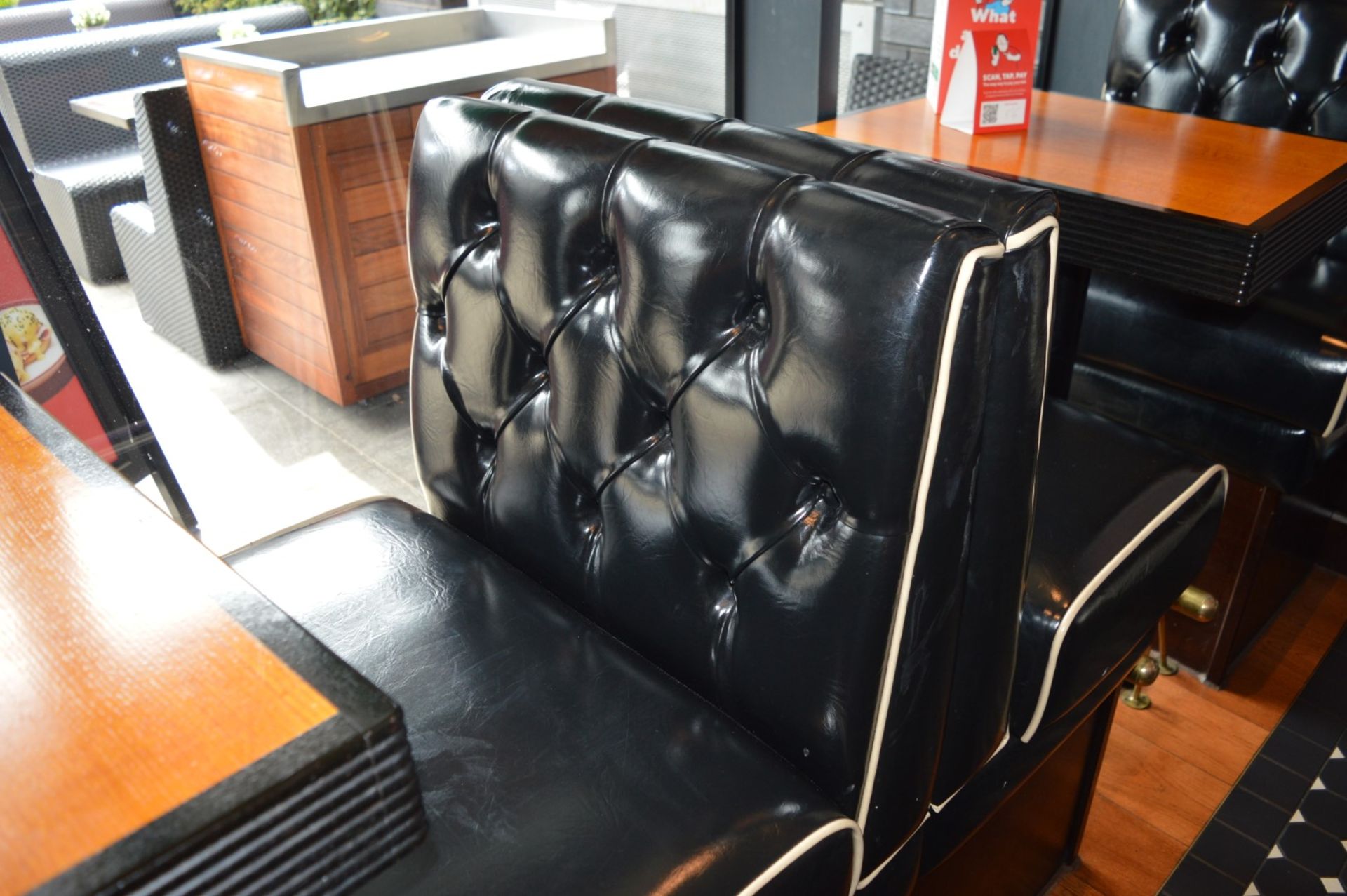 3 x Sections of Restaurant / Cafe Booth Seating With Two Poser Tables - Black Faux Leather - Image 10 of 17