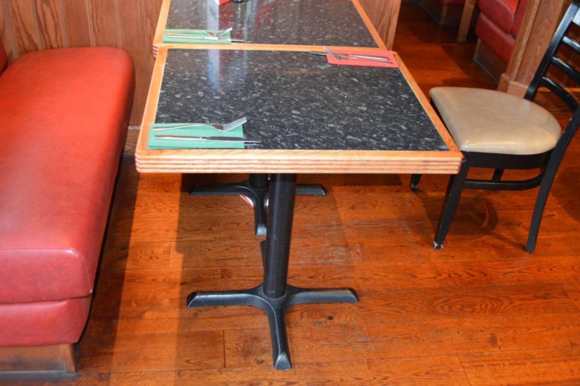 5 x Small Two Seater Restaurant Dining Tables With Granite Effect Surface, Wooden Edging and Cast Ir - Image 4 of 5