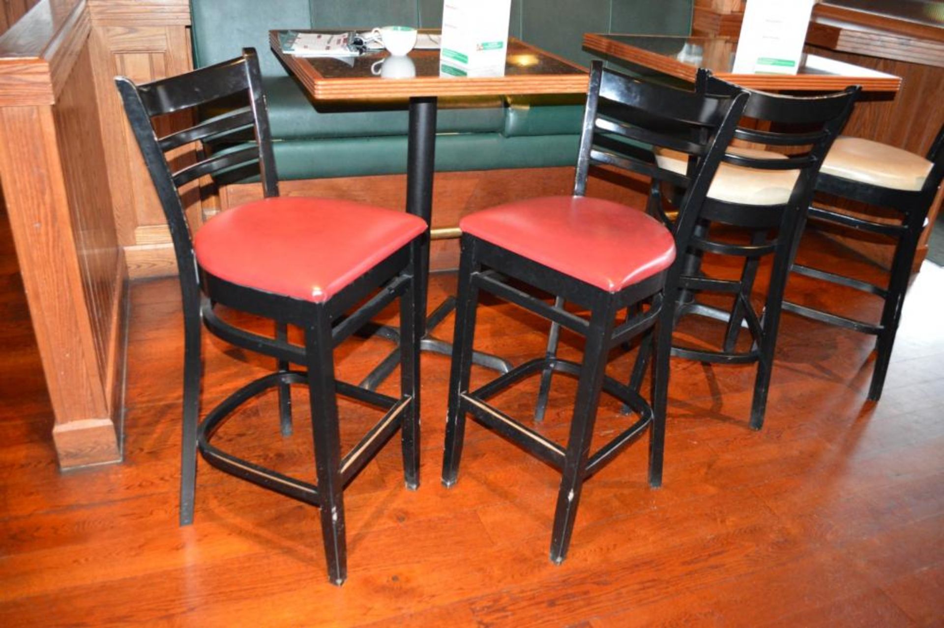 8 x Ladderback Bar Stools in Black and Cream and Red Faux Leather Seat Pads - CL357 - Location: Bolt