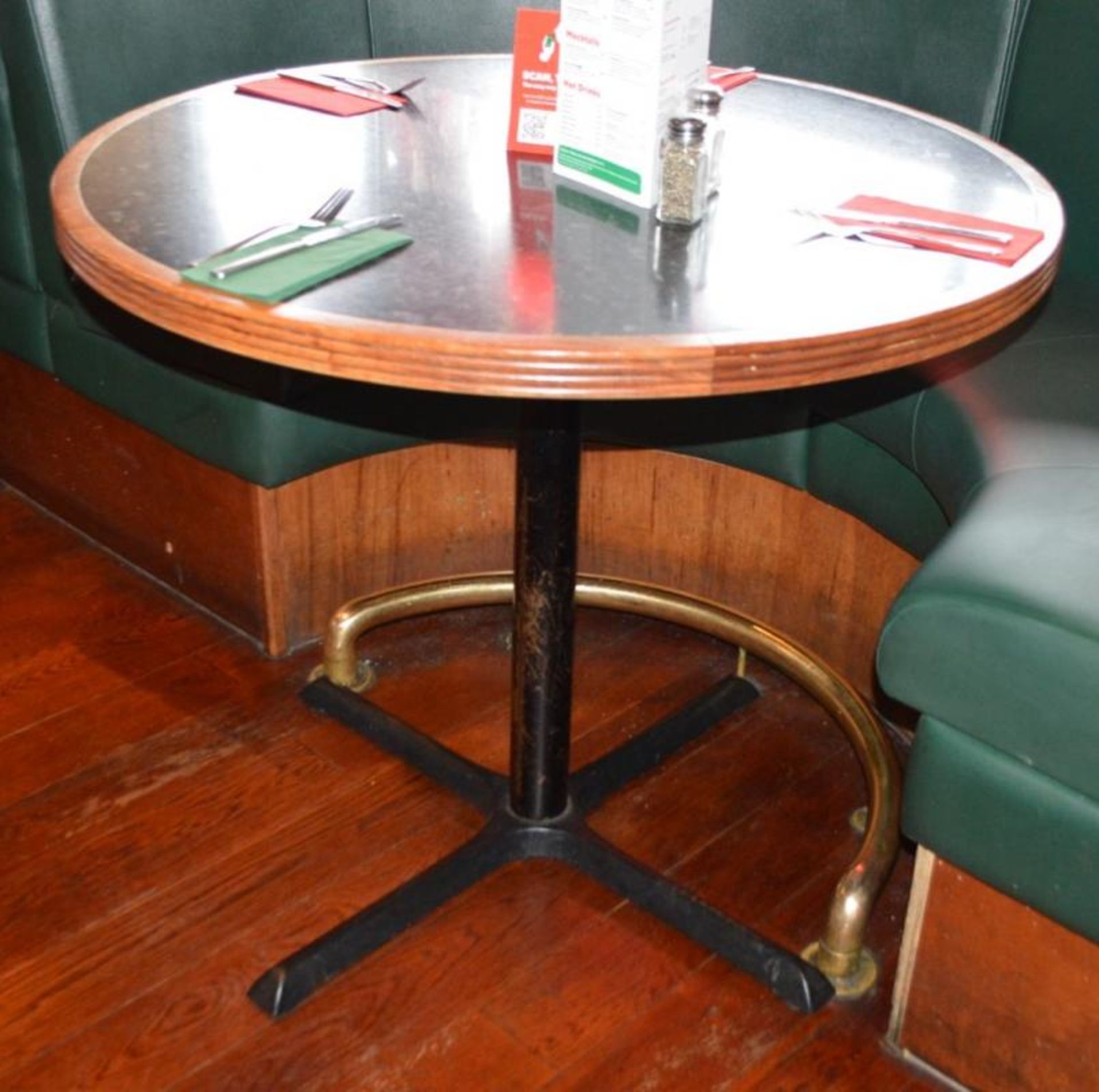 2 x Round Restaurant Dining Tables With Granite Effect Surface, Wooden Edging and Cast Iron Bases -