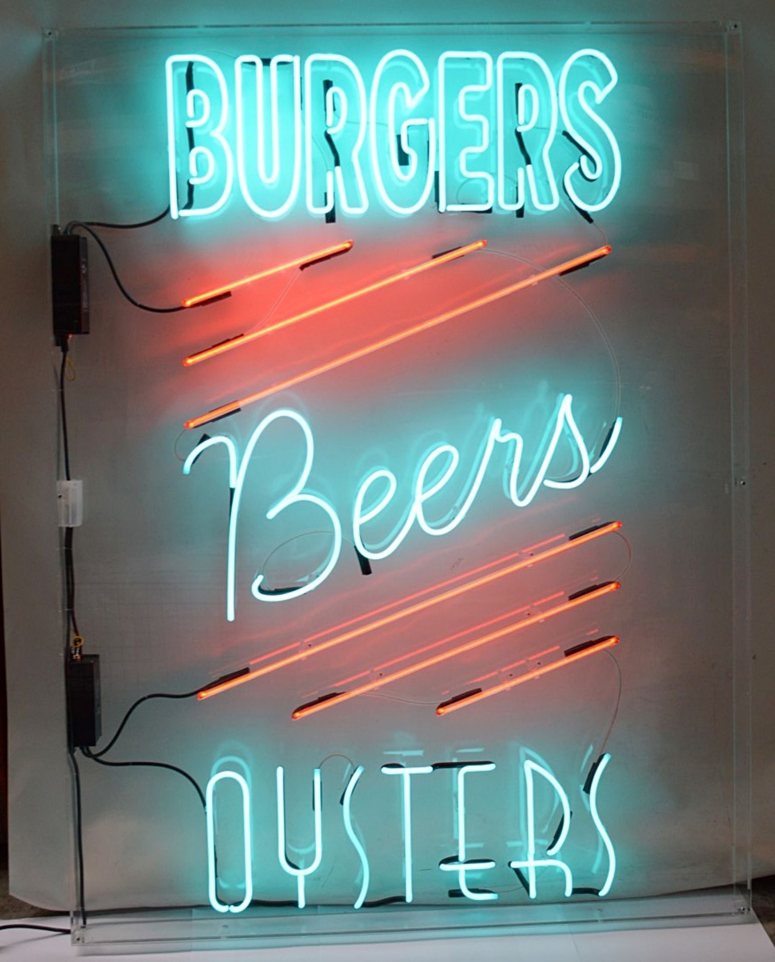 1 x 'BURGERS, BEERS, OYSTERS' Neon Sign - 1.5 Metre Tall - Recently Removed From A Restaurant - M529