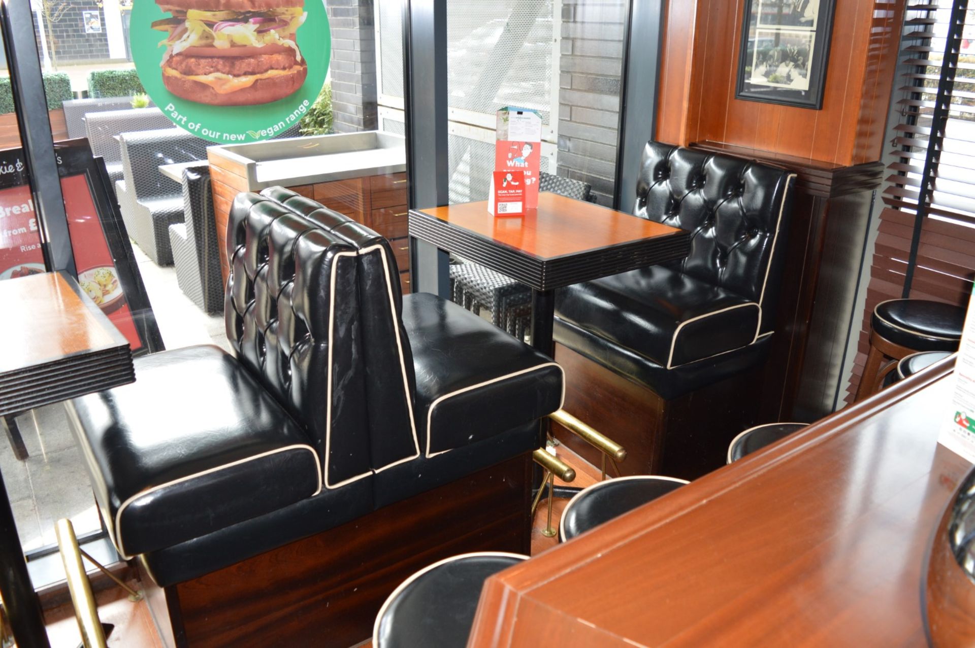 3 x Sections of Restaurant / Cafe Booth Seating With Two Poser Tables - Black Faux Leather - Image 13 of 17