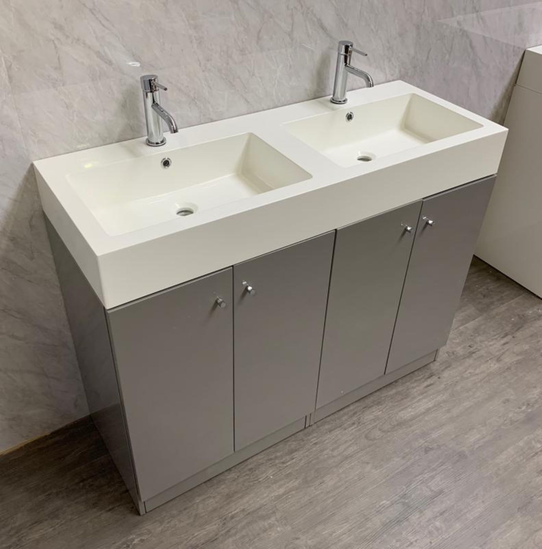 1 x Gloss Grey 1200mm 4-Door Double Basin Freestanding Bathroom Cabinet - New & Boxed Stock - CL406