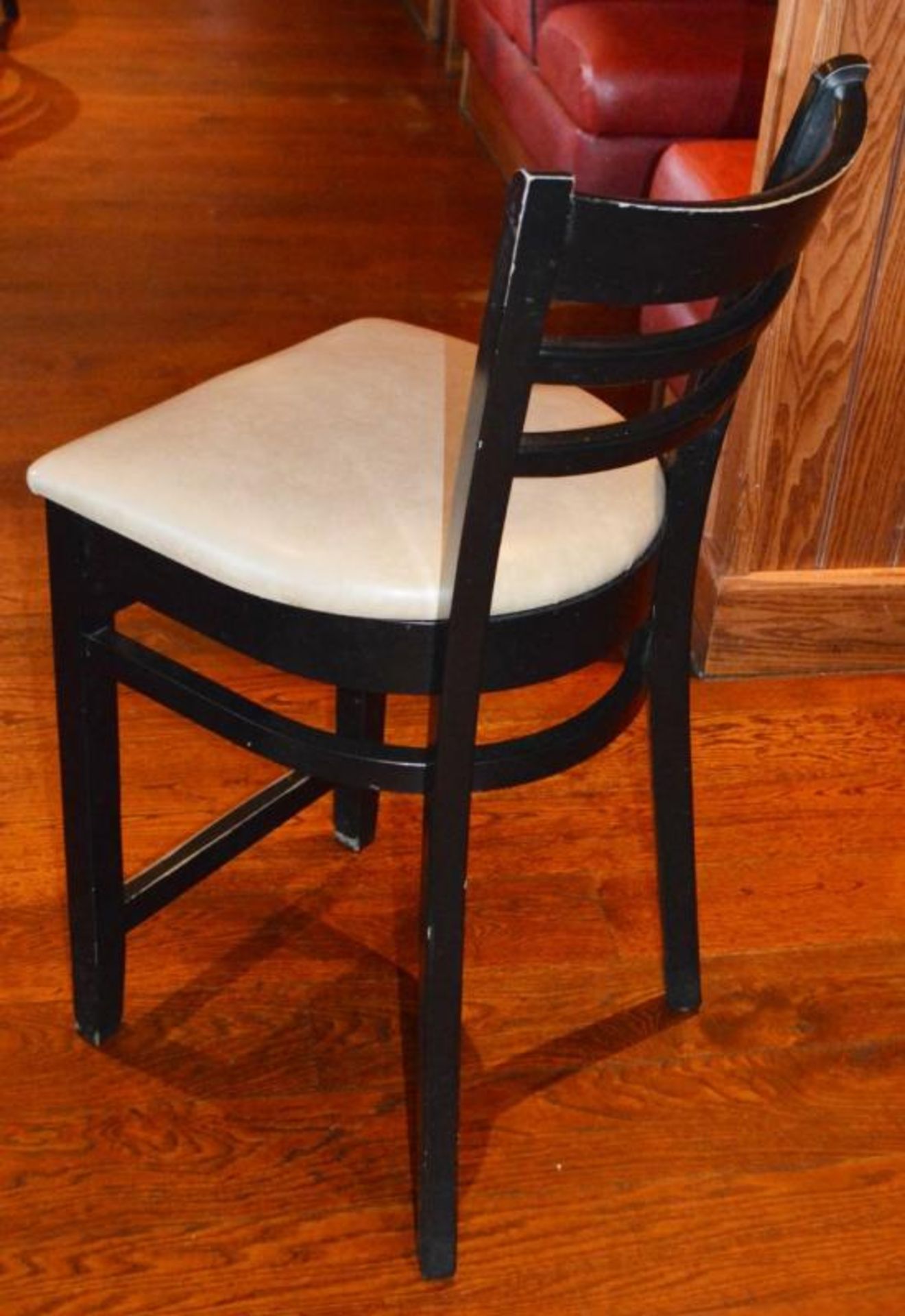 6 x Wooden Stools With Foot Rests, Black Finish and Cream Faux Leather Seat Pads - H98 x W45 x D45 c - Image 4 of 5