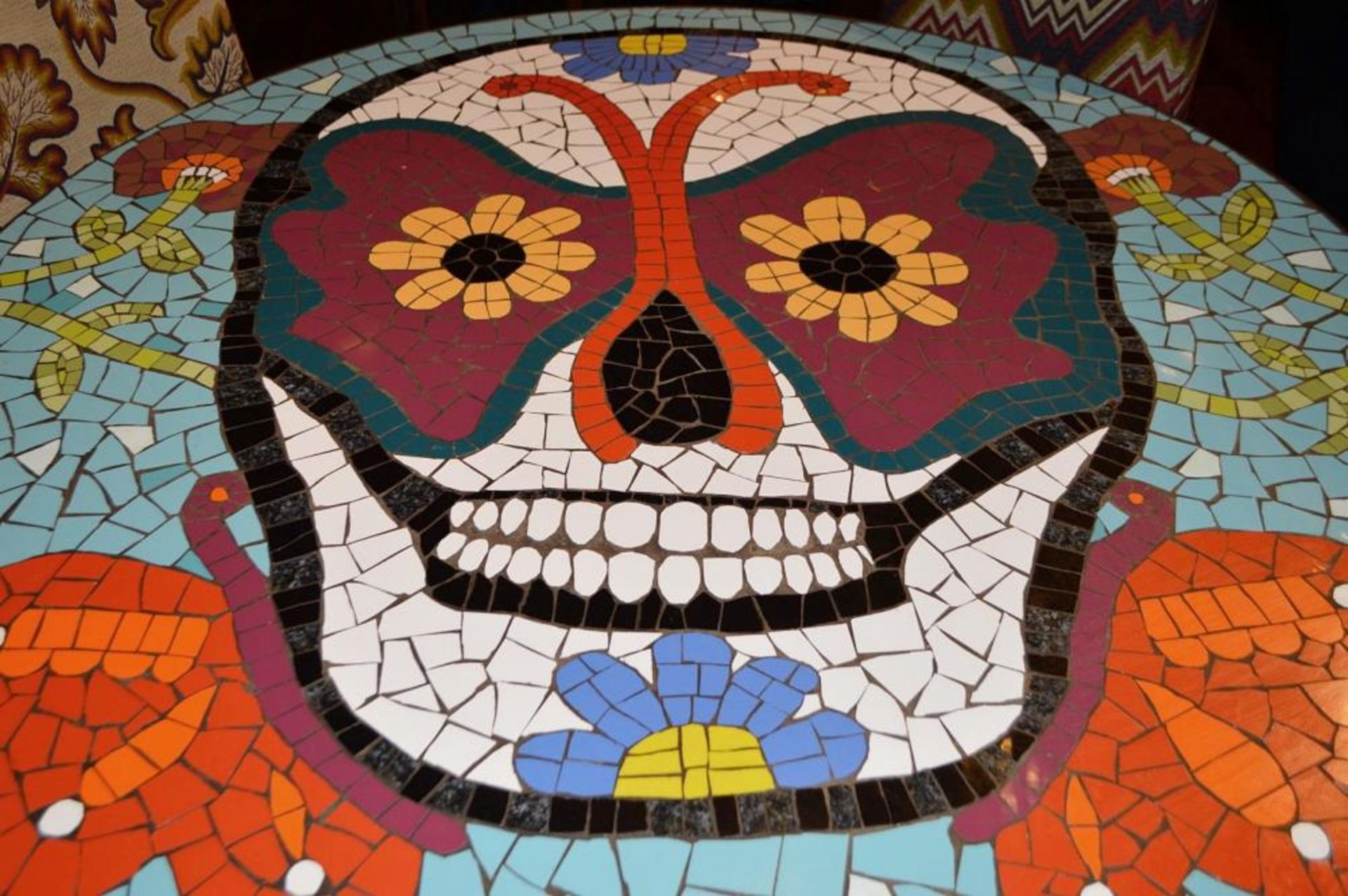 1 x Large Round Mosaic Skull Dining Table - Bespoke Table by Imperial Mosaics With Cast Iron Base - - Image 3 of 5