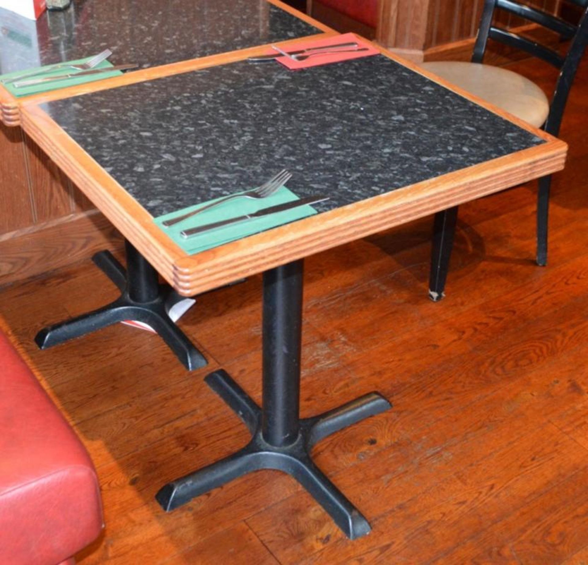 5 x Small Two Seater Restaurant Dining Tables With Granite Effect Surface, Wooden Edging and Cast Ir