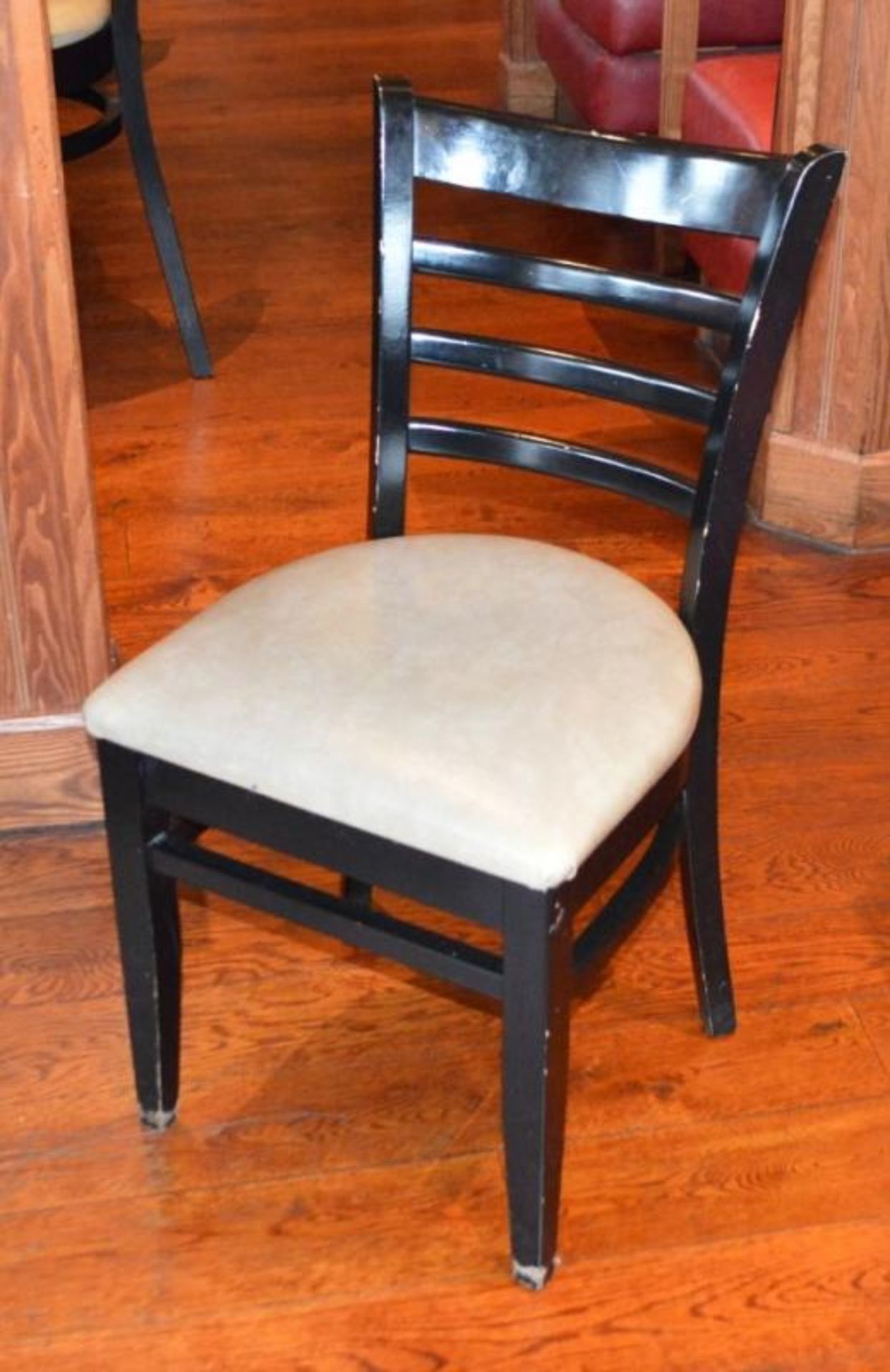 15 x Ladderback Wooden Dining Chairs With Black Finish and Cream Faux Leather Seat Pads - H85 x W45