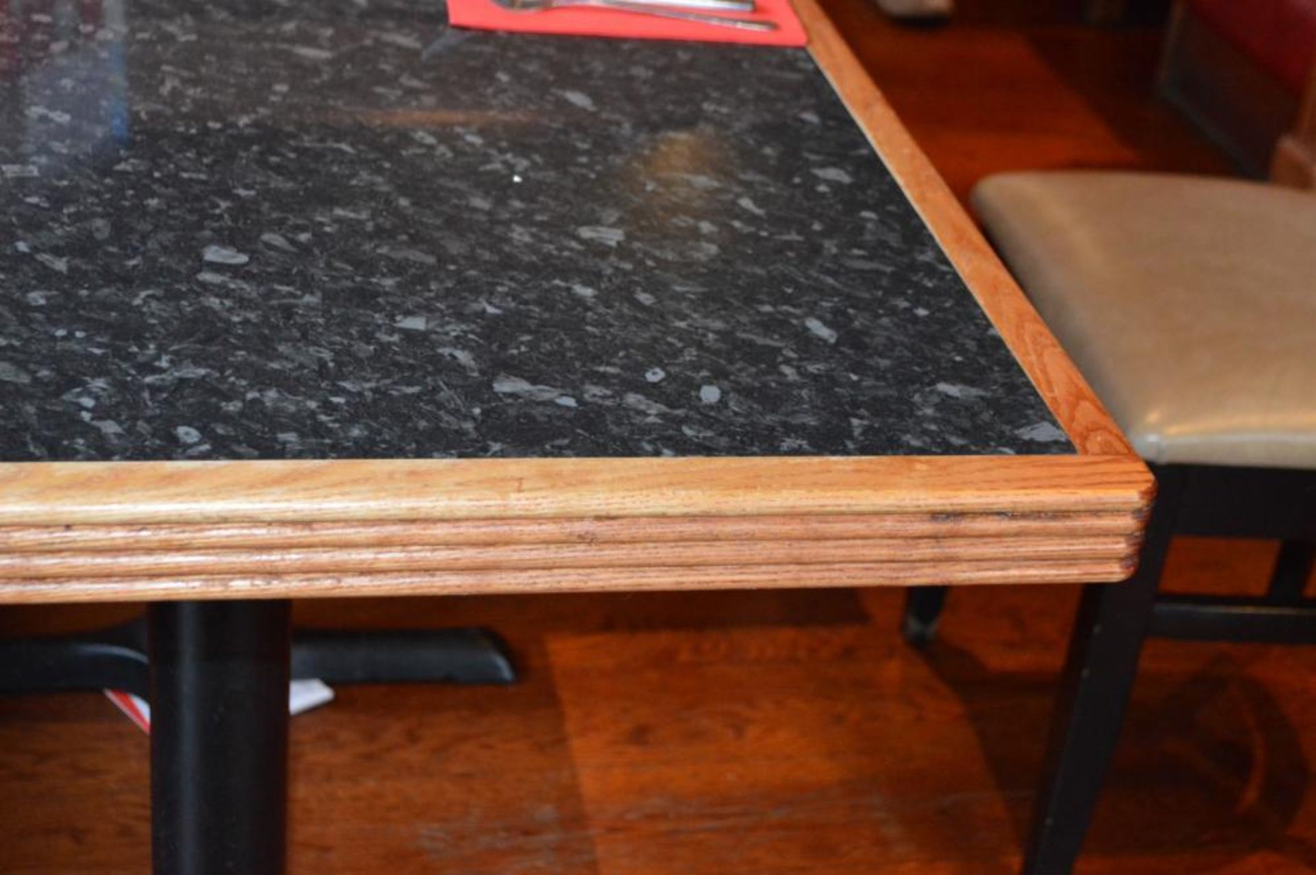 5 x Small Two Seater Restaurant Dining Tables With Granite Effect Surface, Wooden Edging and Cast Ir - Image 3 of 5