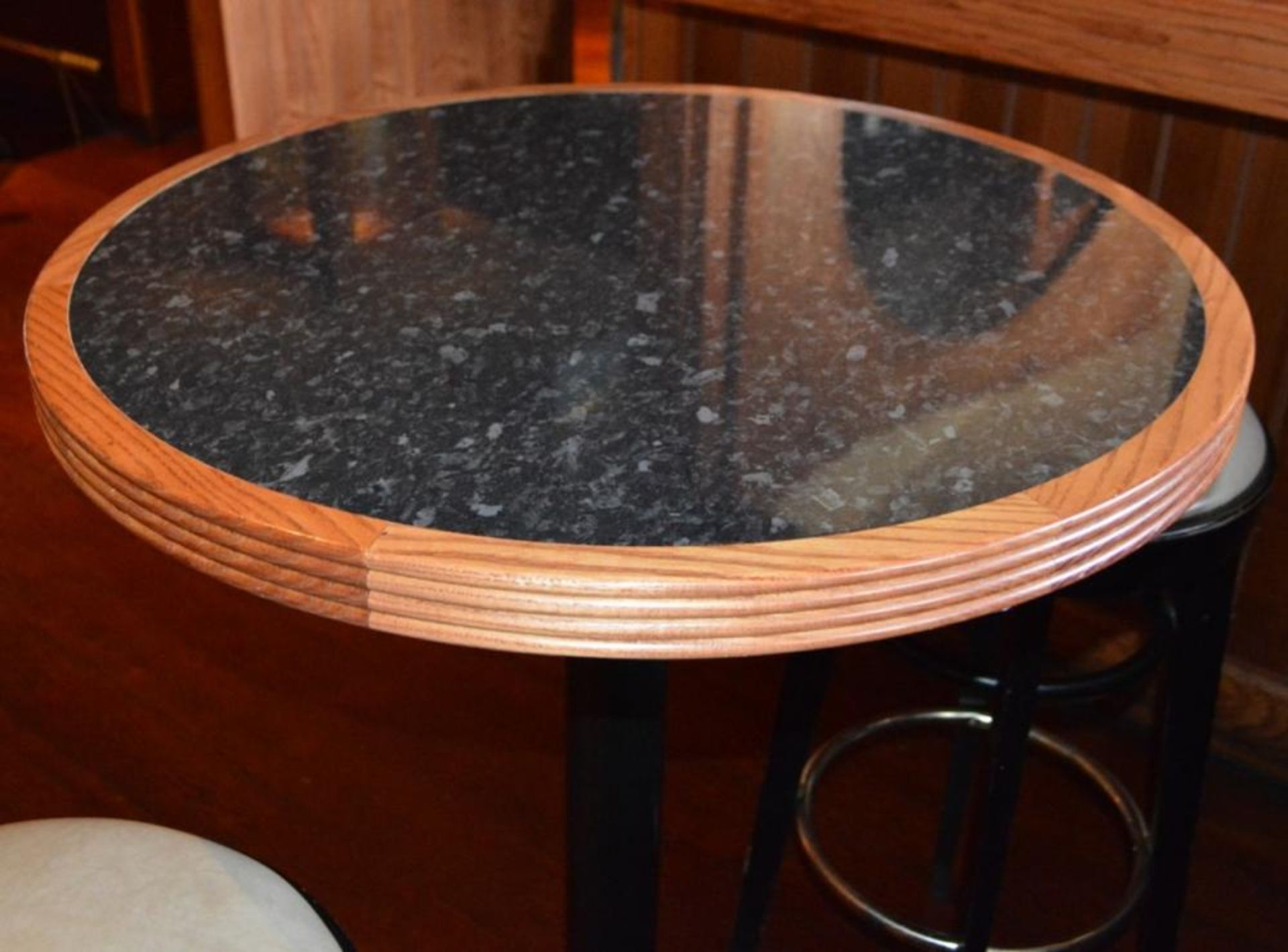1 x Poser Bar Tables With Granite Effect Surface, Wooden Edging and Cast Iron Base - Includes Two Ba - Image 2 of 4