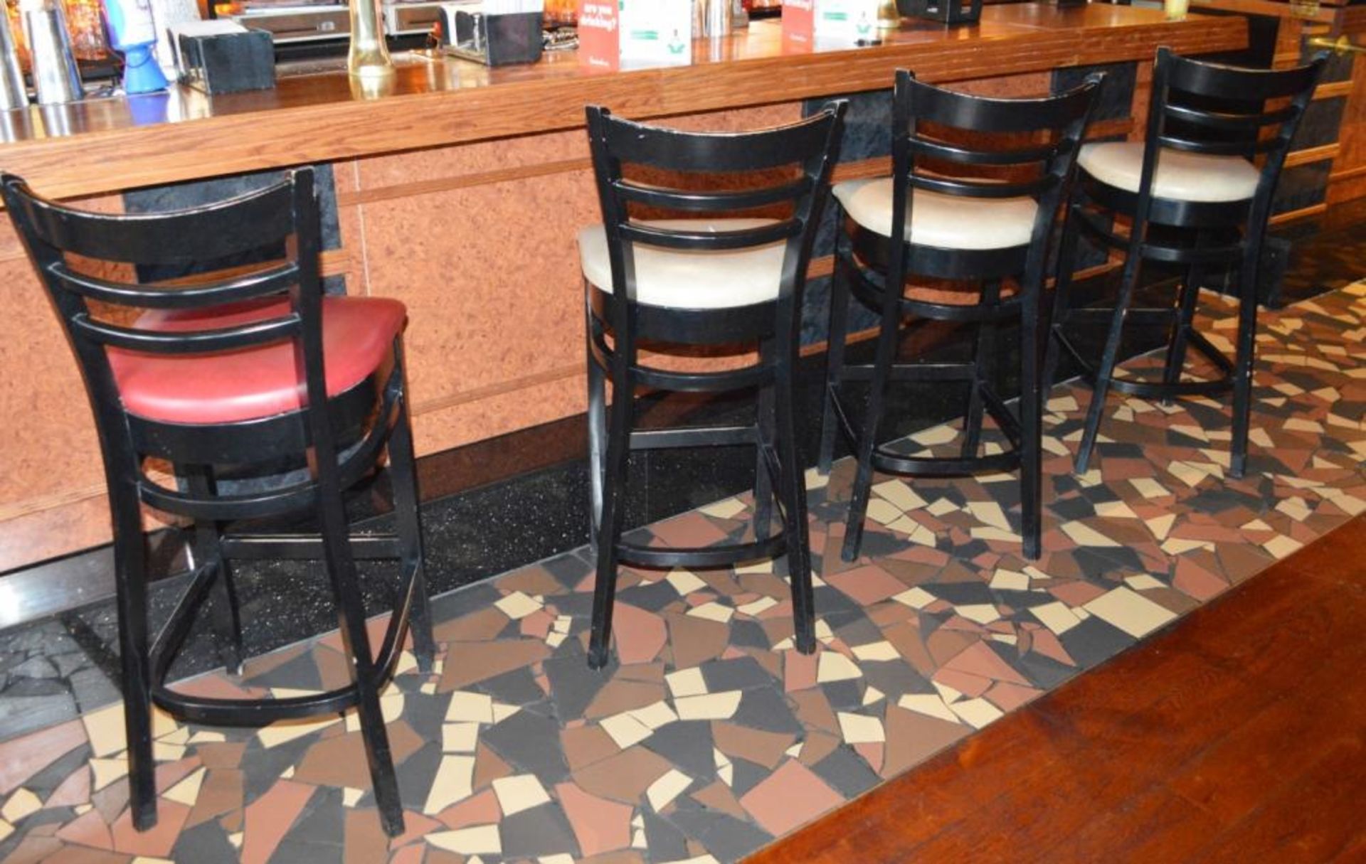 8 x Ladderback Bar Stools in Black and Cream and Red Faux Leather Seat Pads - CL357 - Location: Bolt - Image 6 of 9