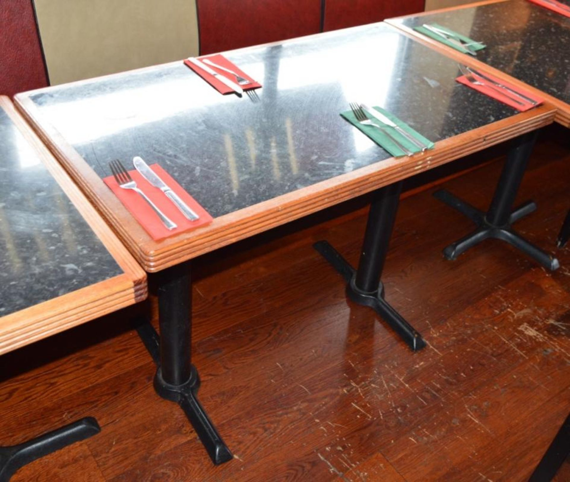 1 x Rectangular Restaurant Dining Tables With Granite Effect Surface, Wooden Edging and Cast Iron