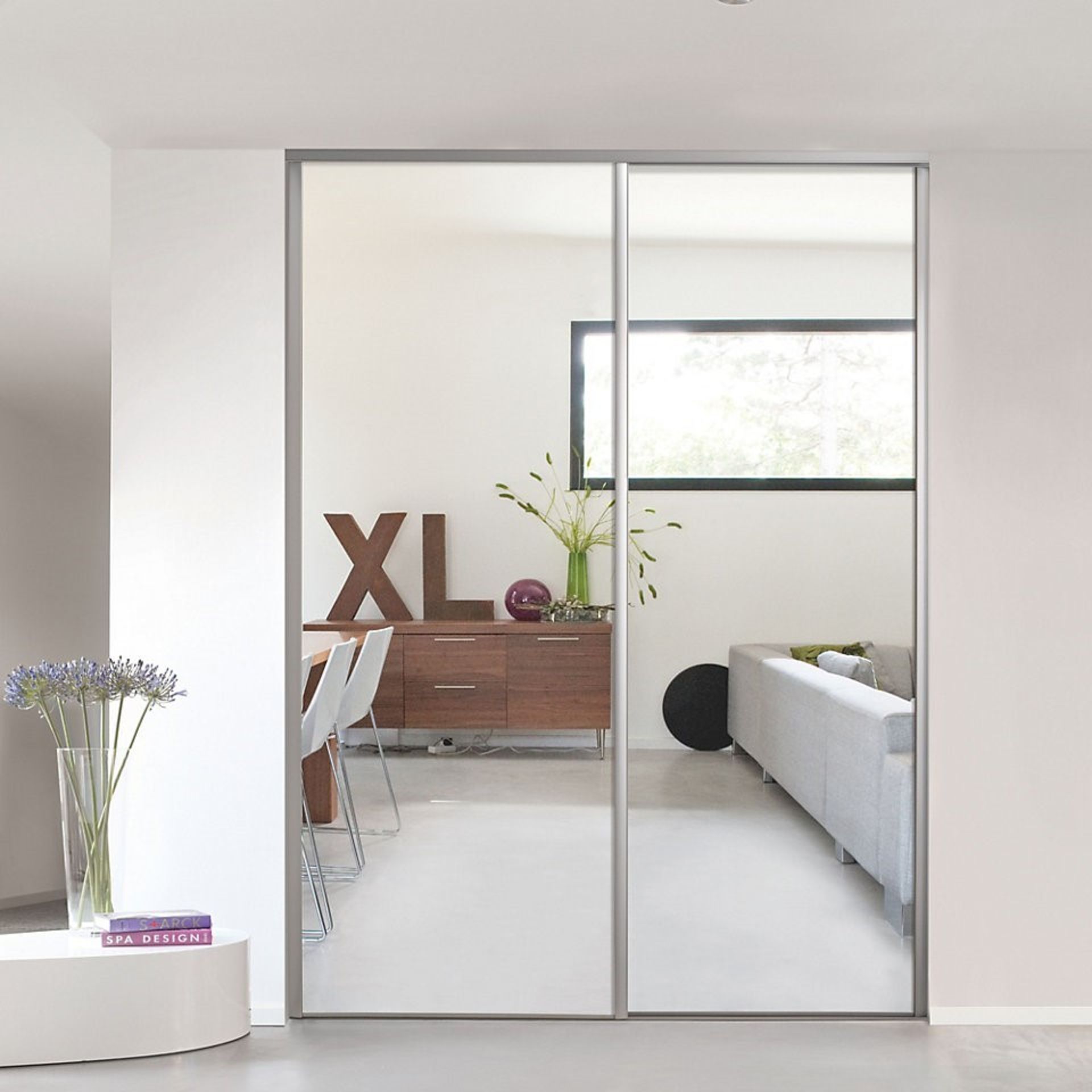 1 x VALLA 1 Sliding Wardrobe Door In Light Grey With A Silver Mirror With Grey Lacquered Steel Profi - Bild 2 aus 4