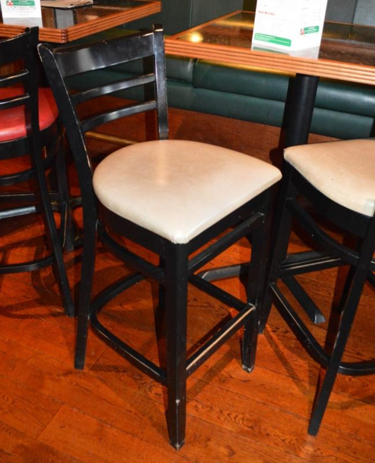 8 x Ladderback Bar Stools in Black and Cream and Red Faux Leather Seat Pads - CL357 - Location: Bolt - Image 9 of 9