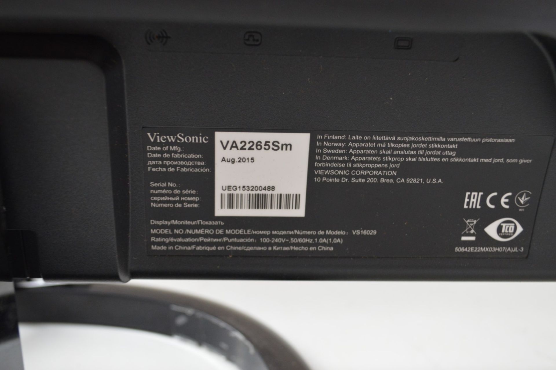 1 x ViewSonic VA2265SM-3 22-inch Full HD LED PC Monitor - Ref TP321 - Image 3 of 3