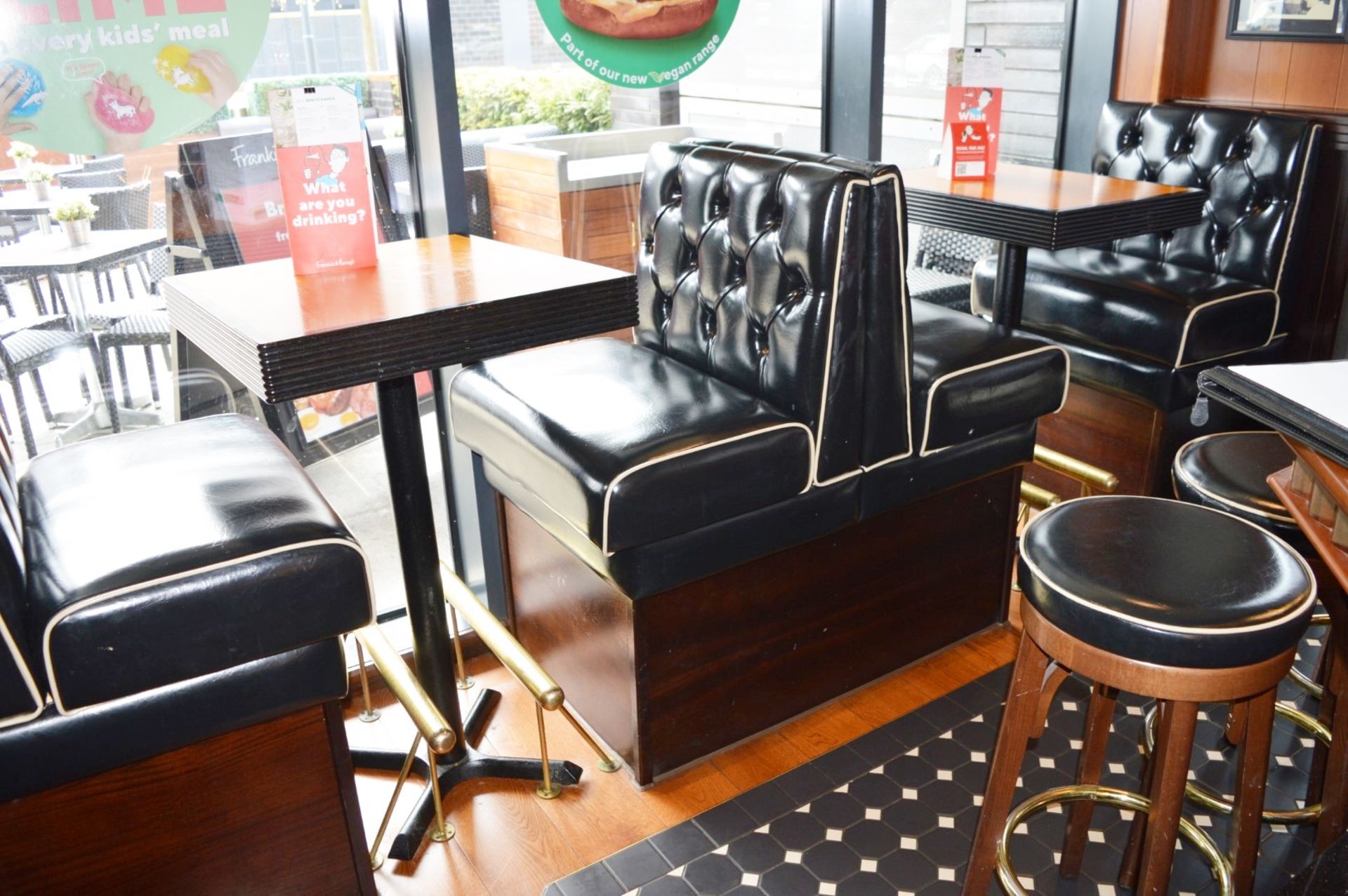 3 x Sections of Restaurant / Cafe Booth Seating With Two Poser Tables - Black Faux Leather