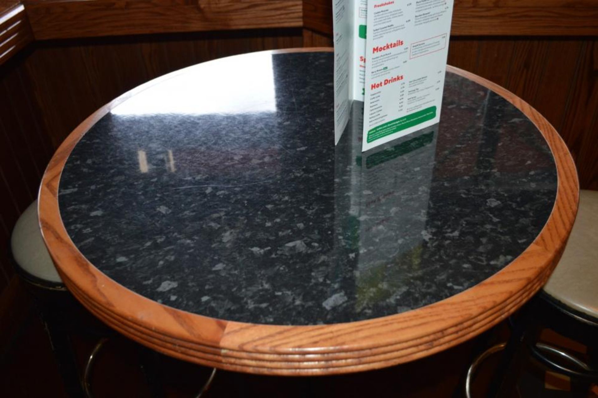 1 x Poser Bar Tables With Granite Effect Surface, Wooden Edging and Cast Iron Base - Includes Two Ba - Image 3 of 4