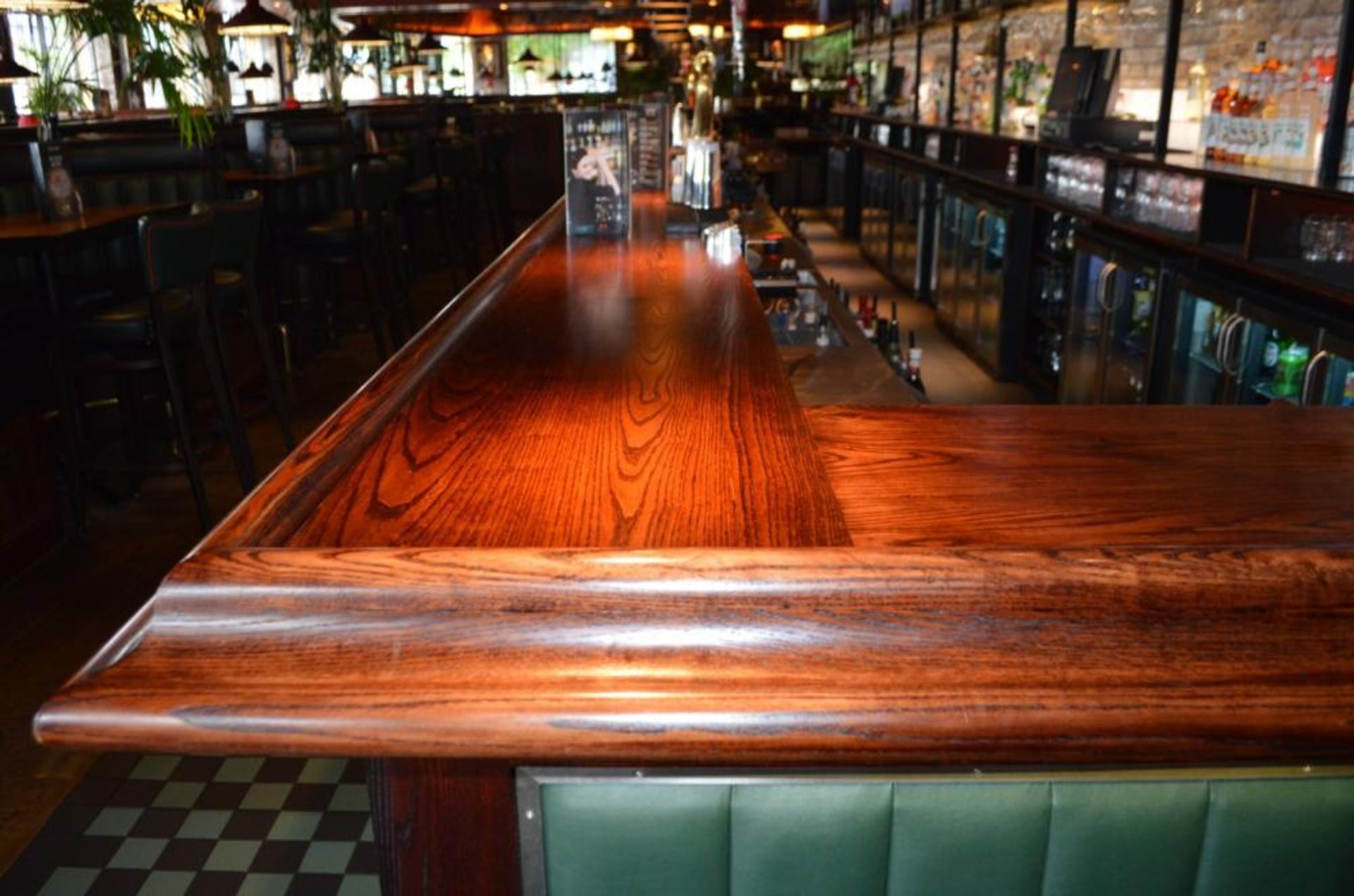 1 x Huge 50ft Pub / Restaurant Bar With Mahogany Finish and Green Leather Panels - Includes - Image 5 of 24