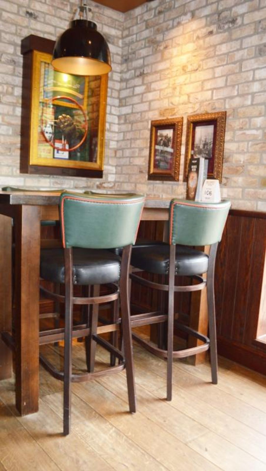 4 x Contemporary Button Back Restaurant Bar Stools - Upholstered in a Quality Green and Black Faux - Image 5 of 7